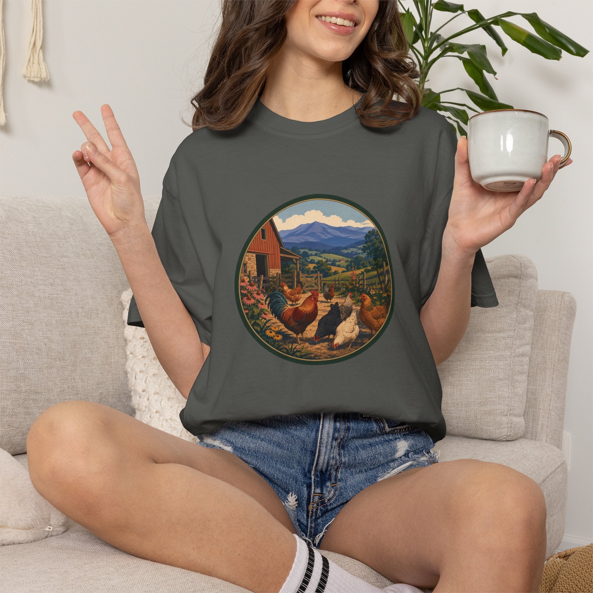 Chicken Farm Vintage Tee — Pastoral Hen Scene T-Shirt