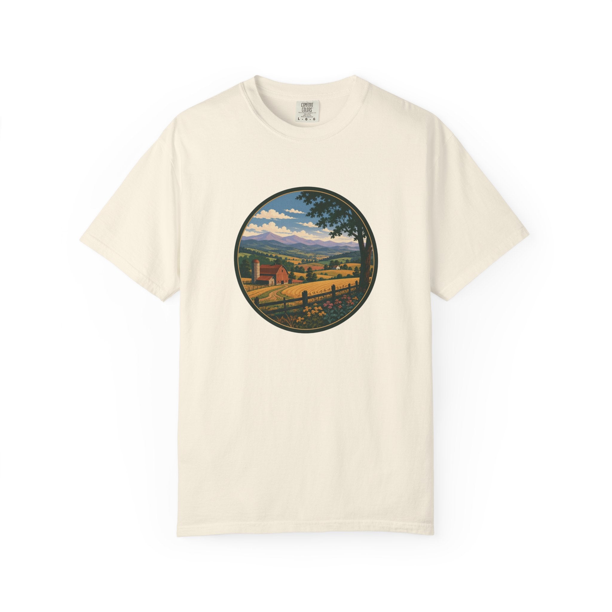 Scenic Countryside T-Shirt — Vintage Farm Landscape Graphic