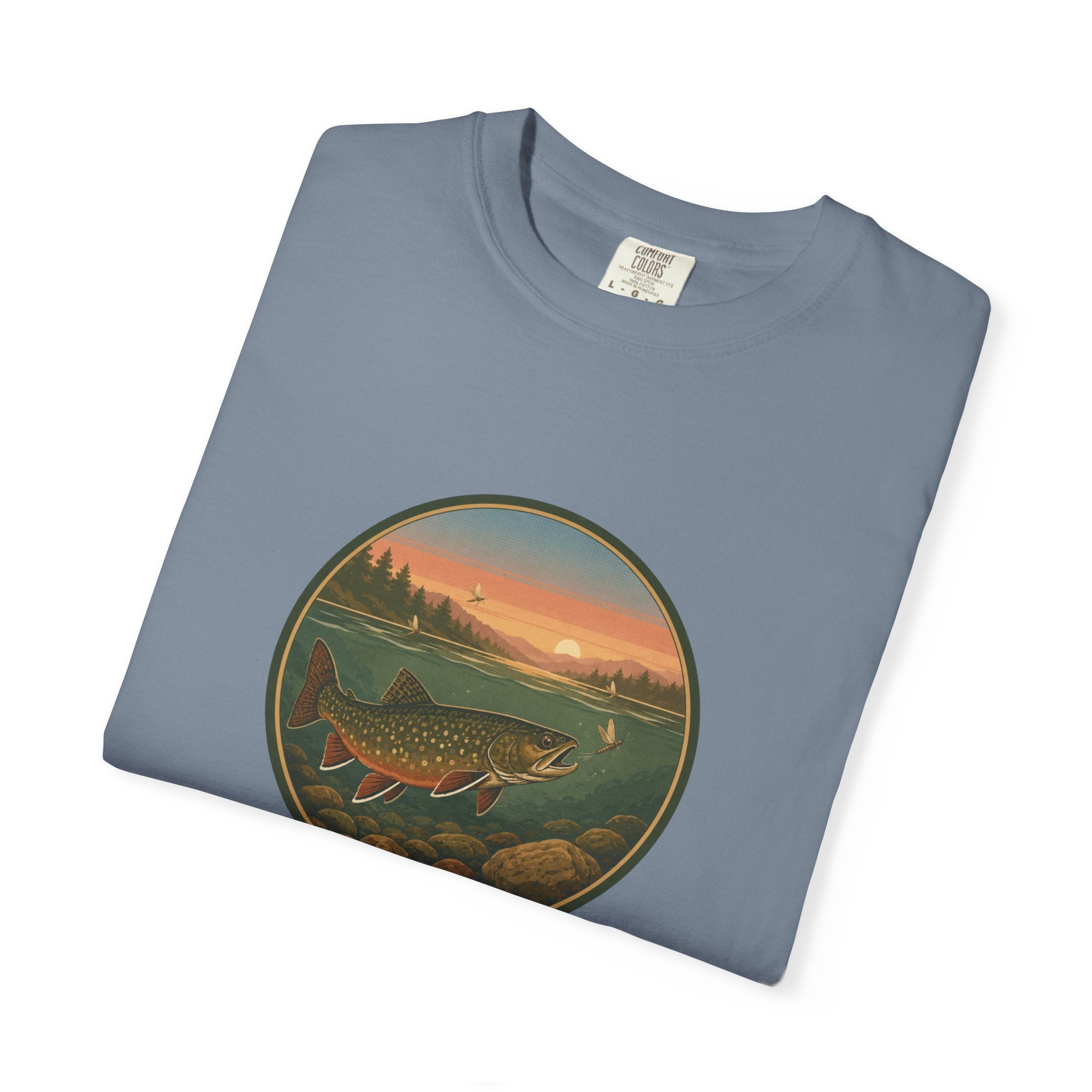 Brook Trout Sunset Fishing T-Shirt — Vintage River Scene Tee