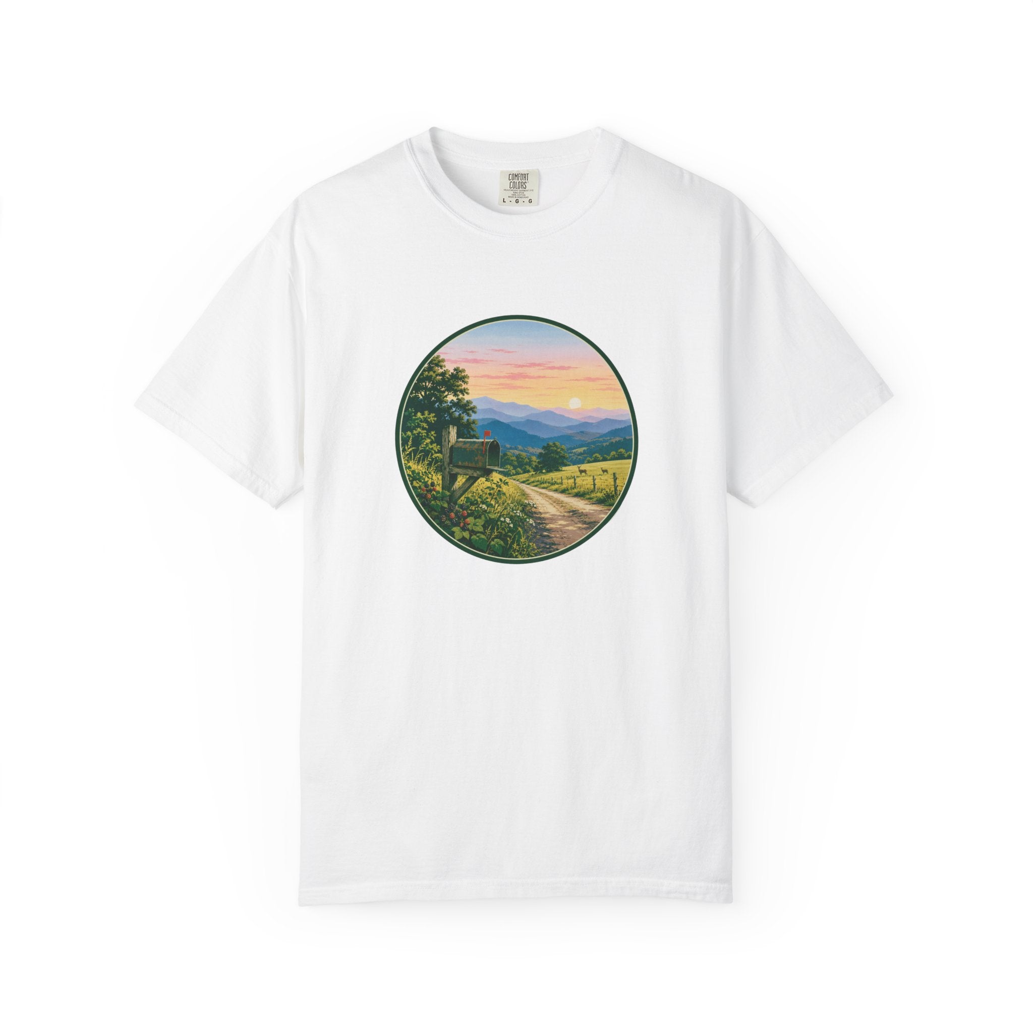 Scenic Backroad Sunset T-Shirt — Vintage Mailbox Circle Landscape Tee