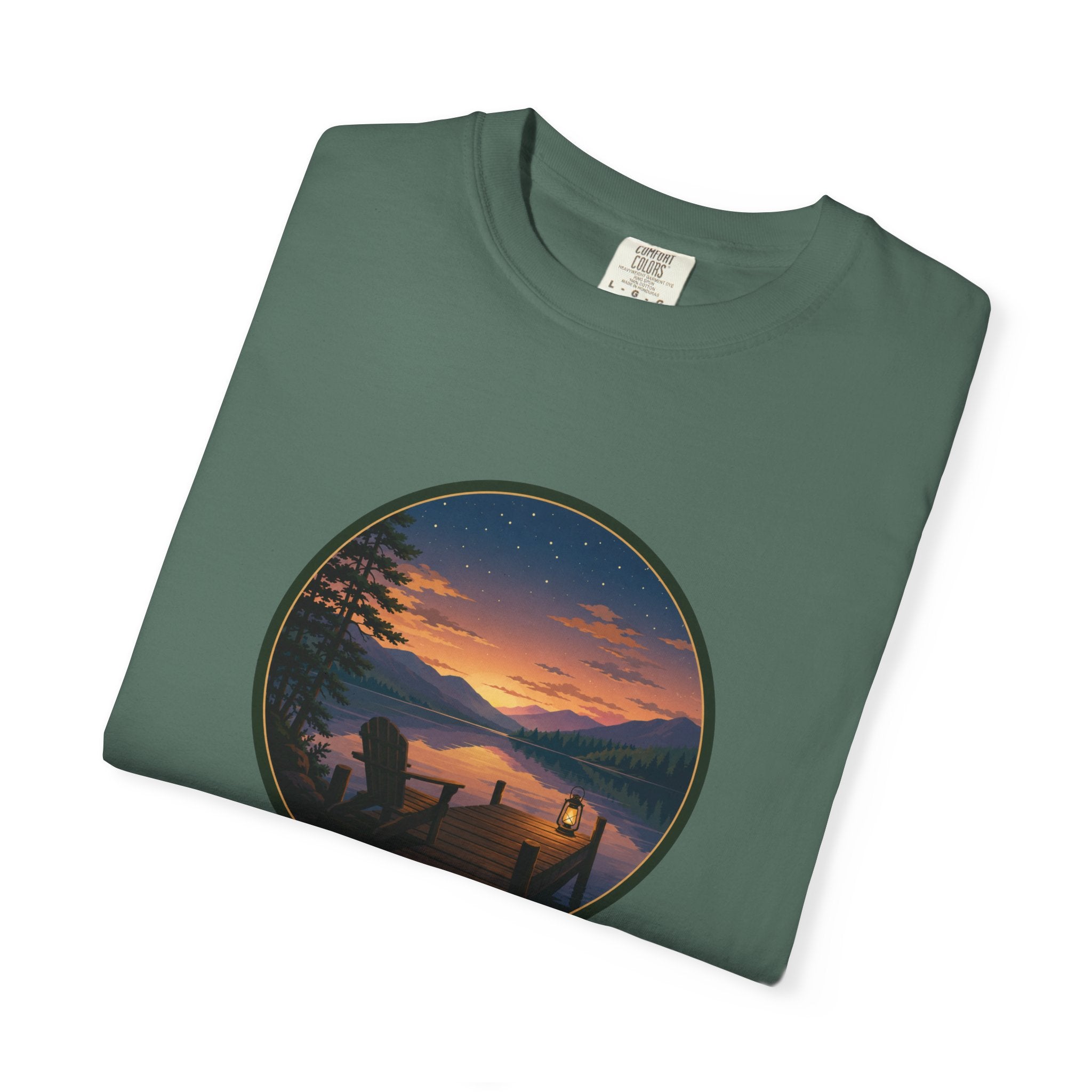 Sunset Lake Camping T-Shirt — Scenic Mountain Lantern Graphic