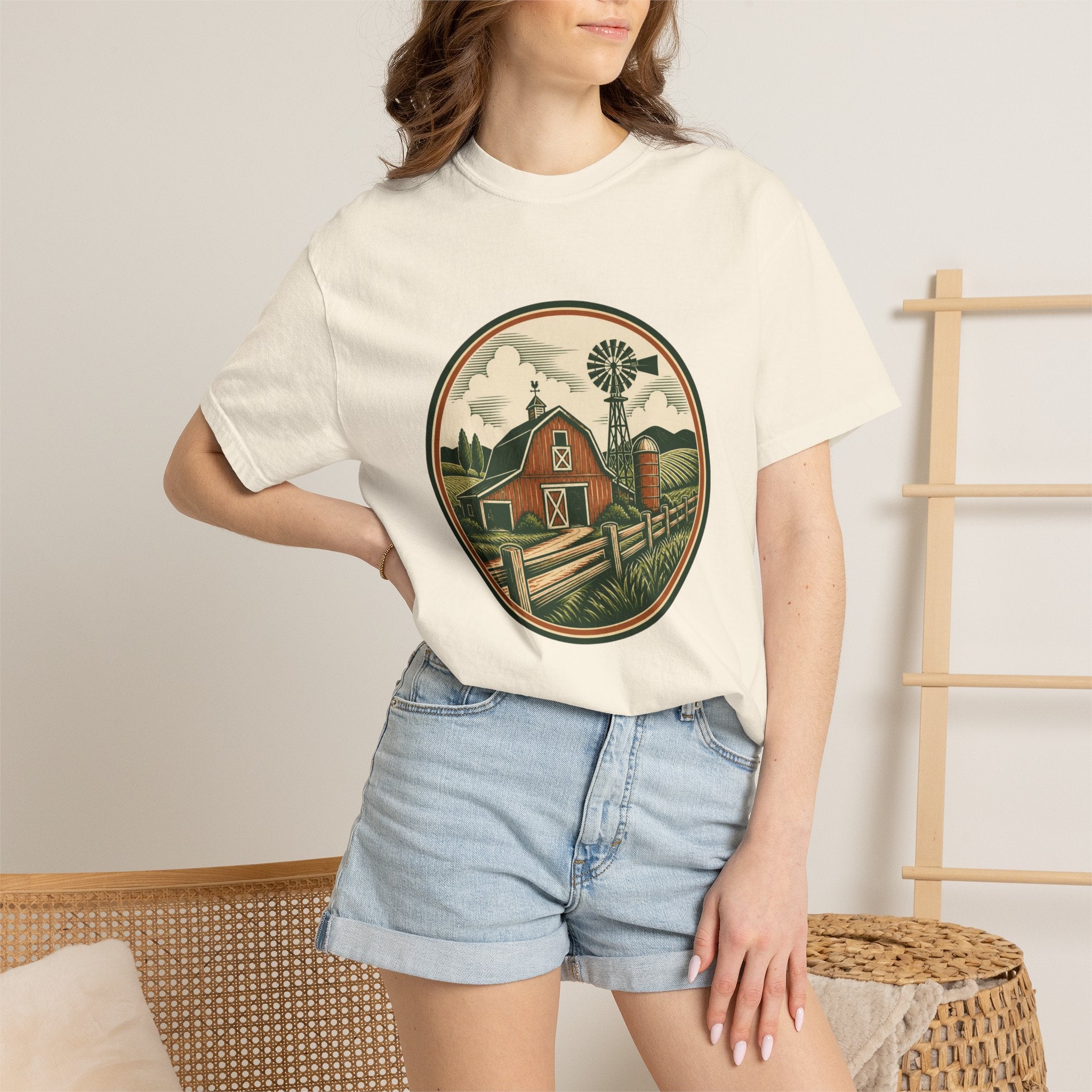 Barn & Windmill Farm T-Shirt — Vintage Rural Landscape Tee