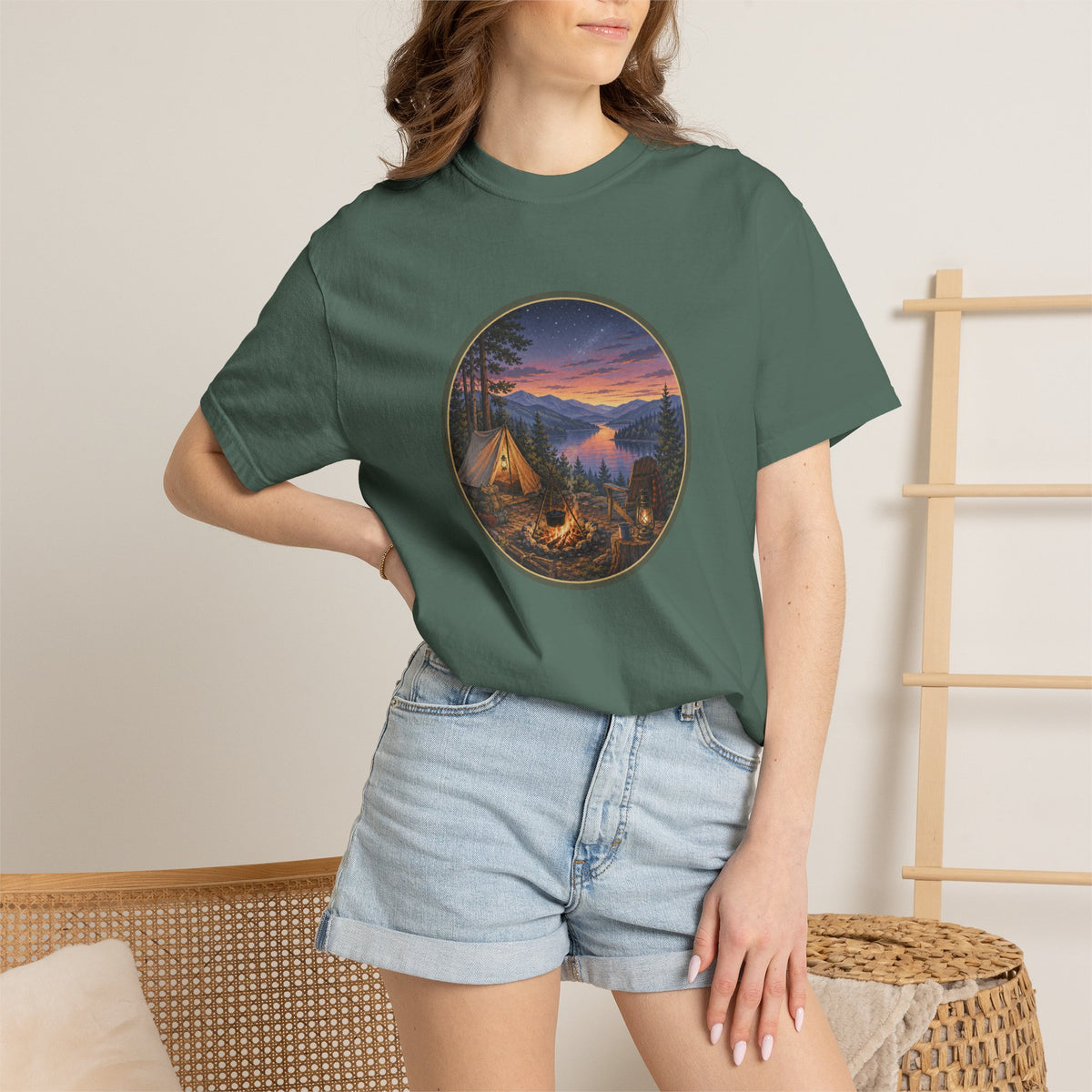 Camping Sunset T-Shirt — Riverside Campfire Night Scene