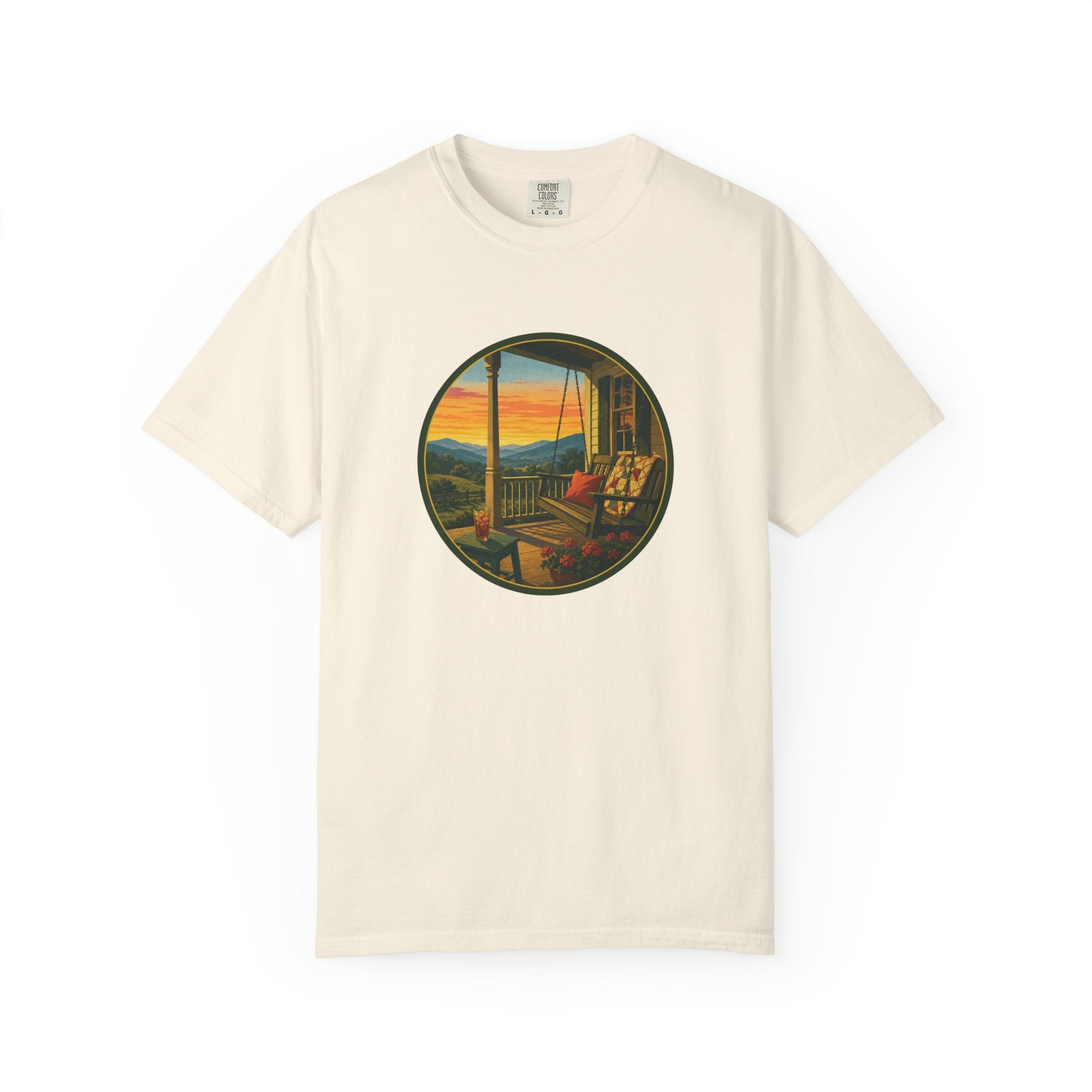 Sunset Porch Circle T-Shirt — Scenic Porch Swing Graphic Tee
