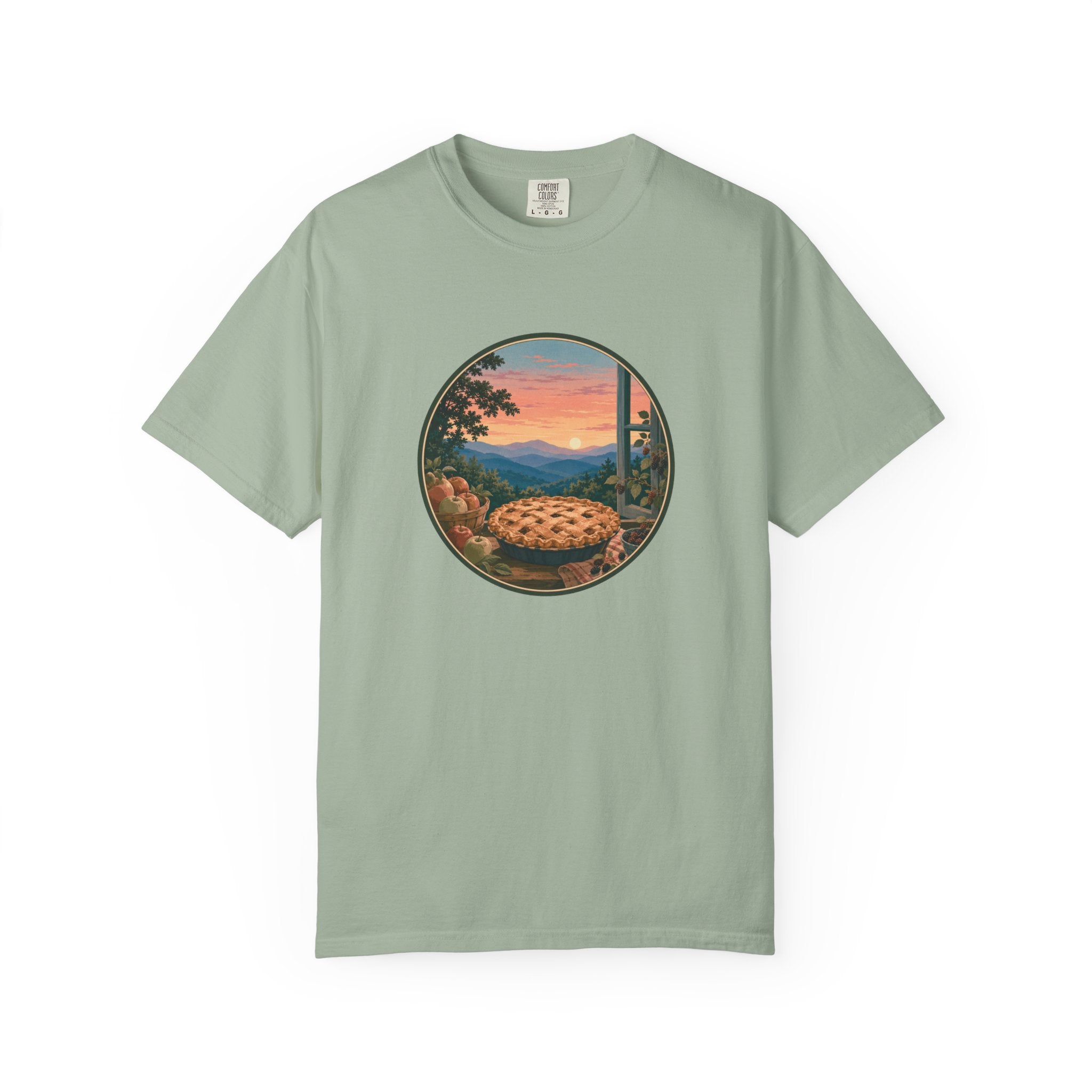 Scenic Pie Window T-Shirt — Sunset Mountain View Graphic Tee
