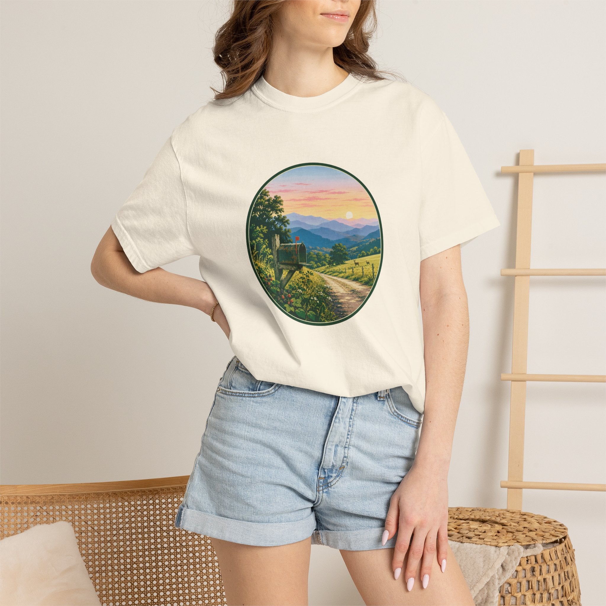 Scenic Backroad Sunset T-Shirt — Vintage Mailbox Circle Landscape Tee