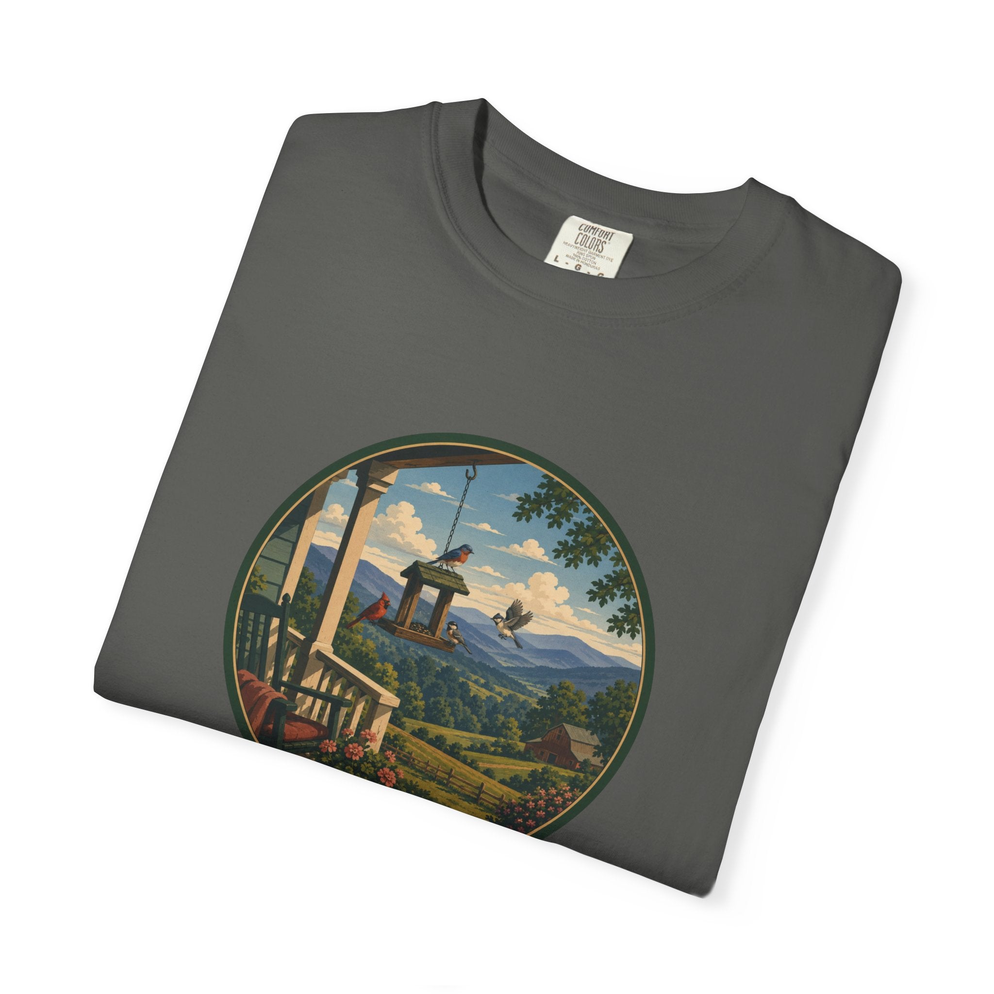 Scenic Porchview T-Shirt — Vintage Mountain Landscape Print