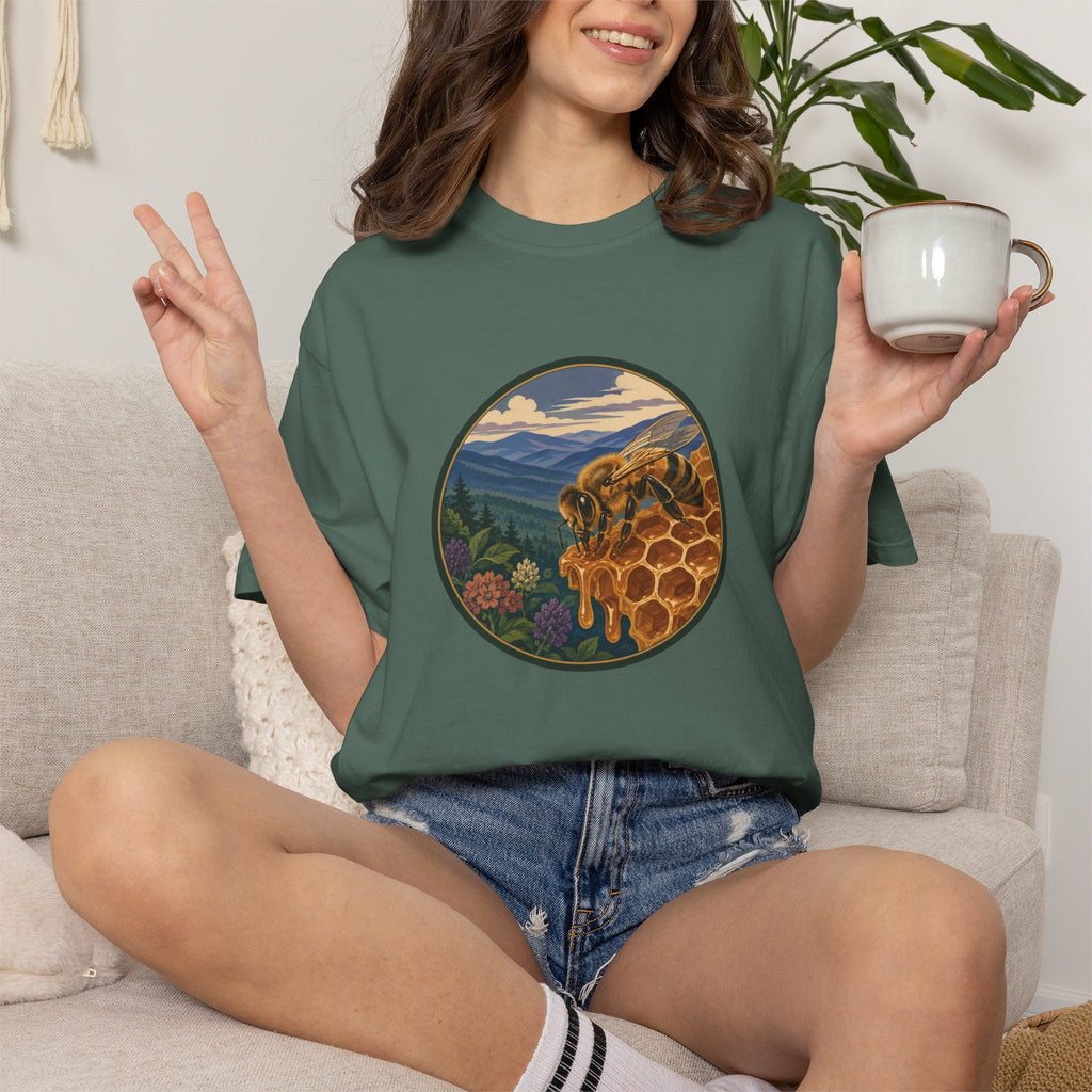 Honey Bee & Mountains Graphic T-Shirt — Honeycomb Nature Illustration