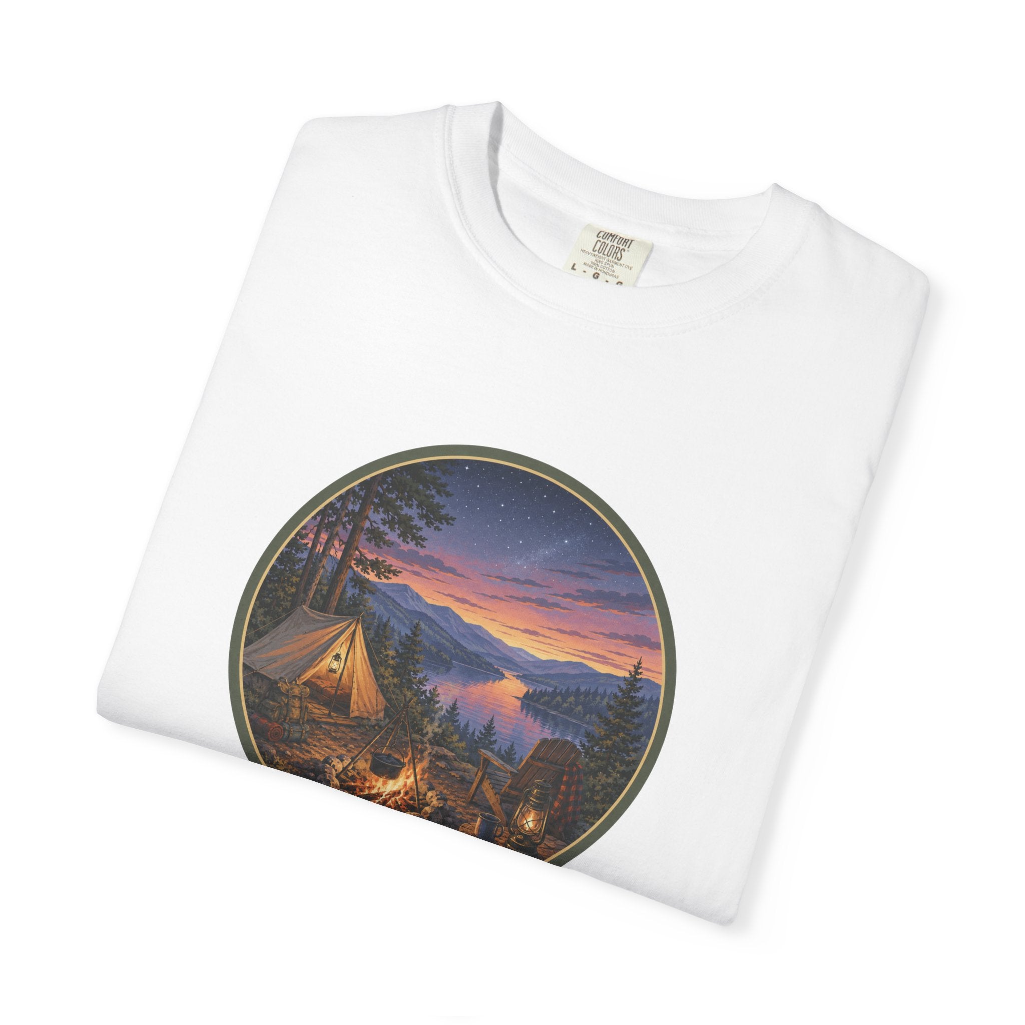 Camping Sunset T-Shirt — Riverside Campfire Night Scene