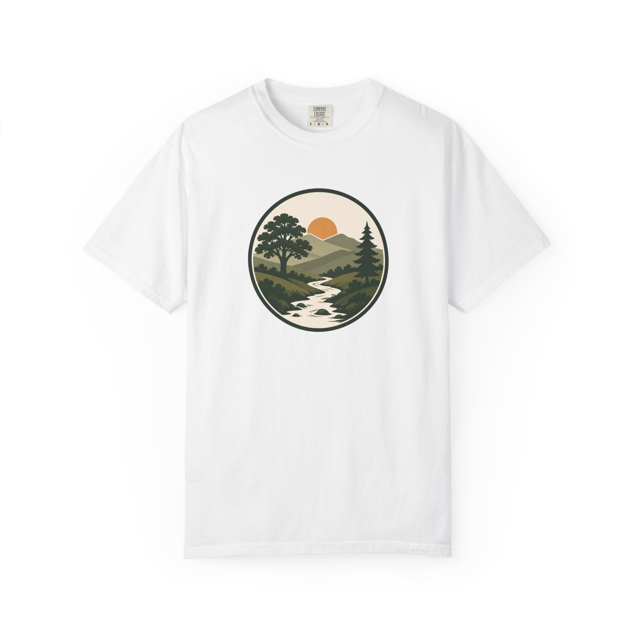 Simple Goodness Badge T-Shirt — Scenic Mountain Sunset River Design