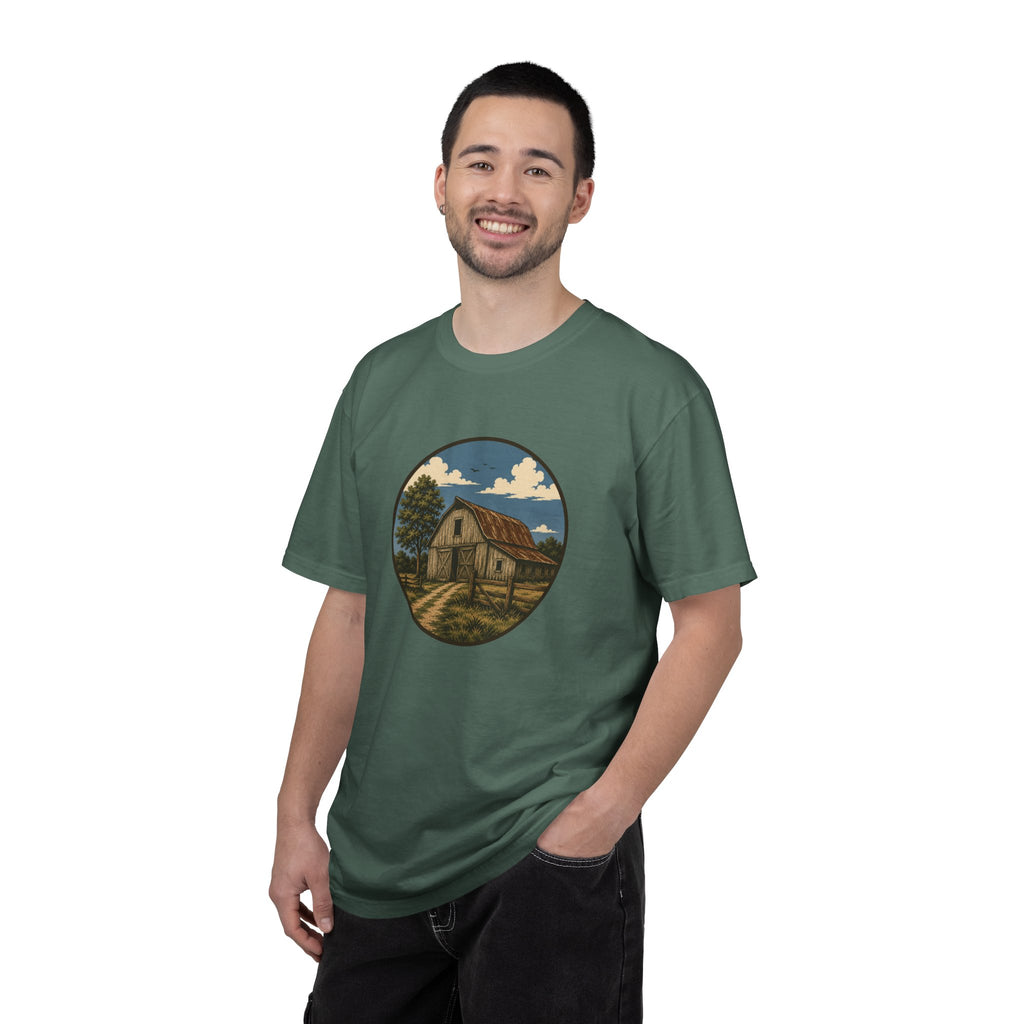Barn Scene T-Shirt — Rustic Farmhouse Circle Graphic Tee