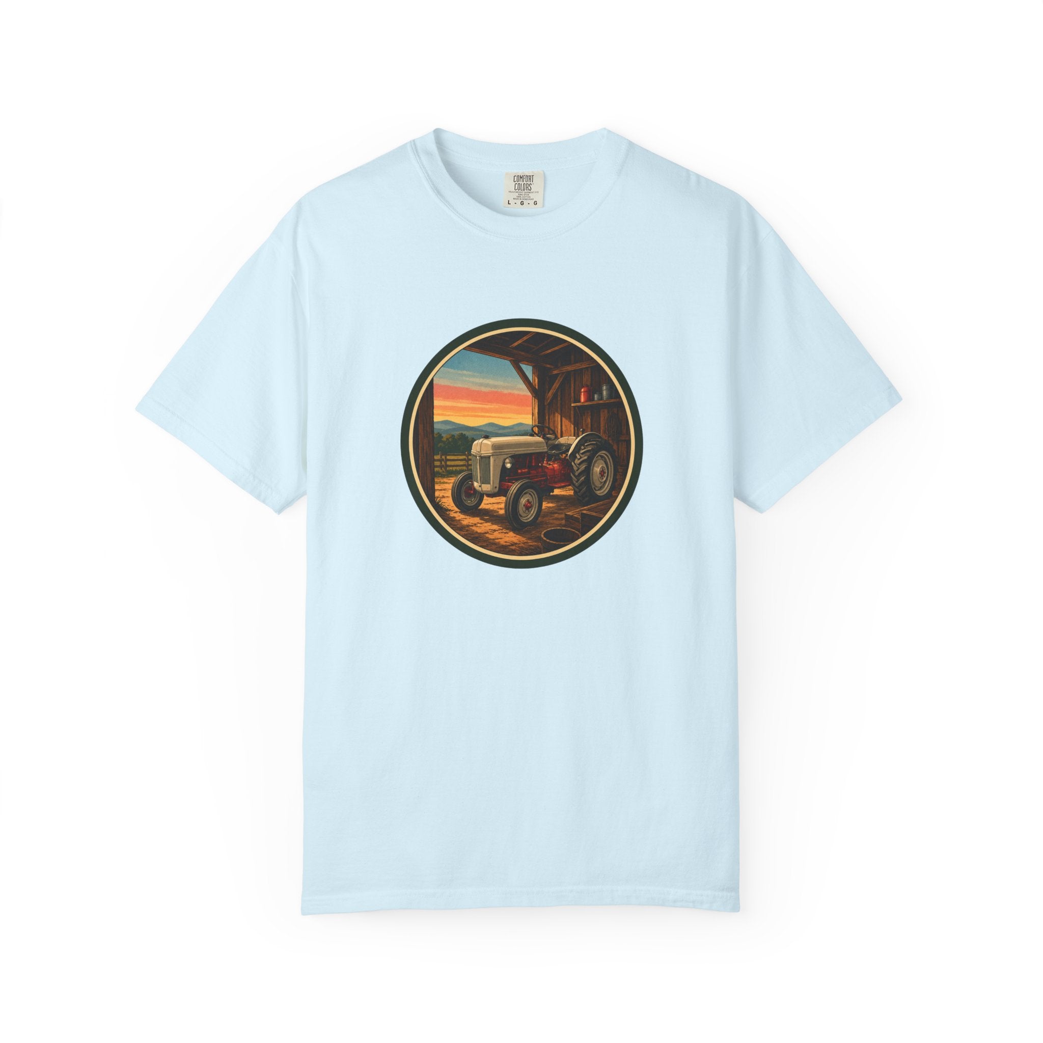 Vintage Tractor Circle T-Shirt — Rustic Farmstead Sunset Tee
