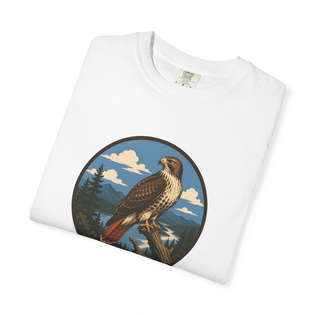 Red-Tail Hawk Mountain Circle T-Shirt — Vintage Hawk Nature Graphic Tee
