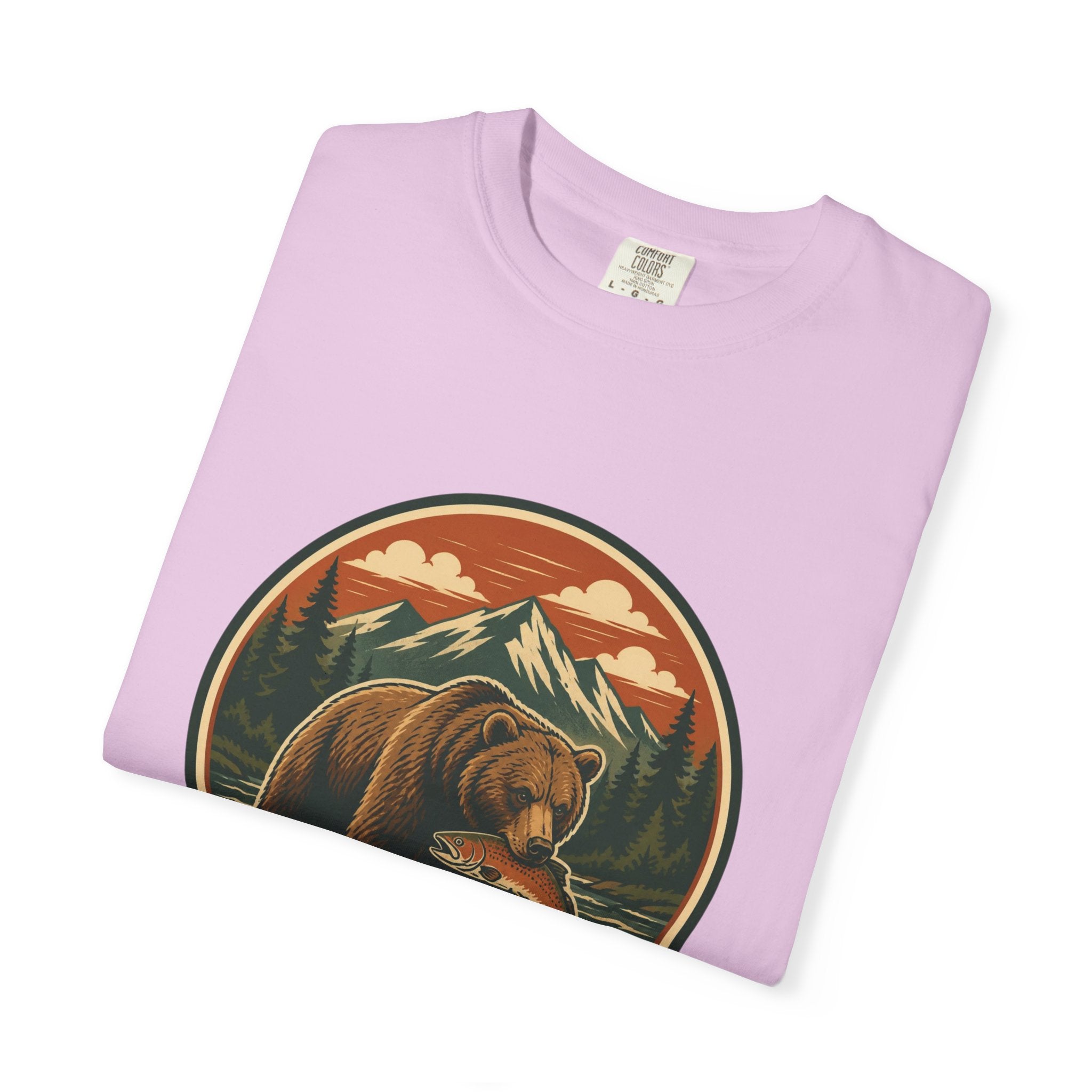 Bear Fishing Mountain T-Shirt — Retro Wilderness Outdoor Graphic Tee