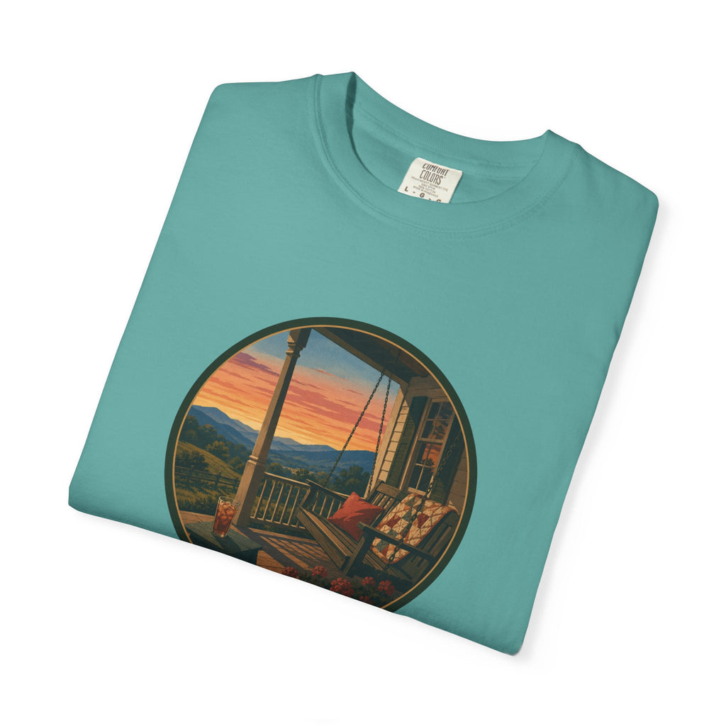 Sunset Porch Circle T-Shirt — Scenic Porch Swing Graphic Tee