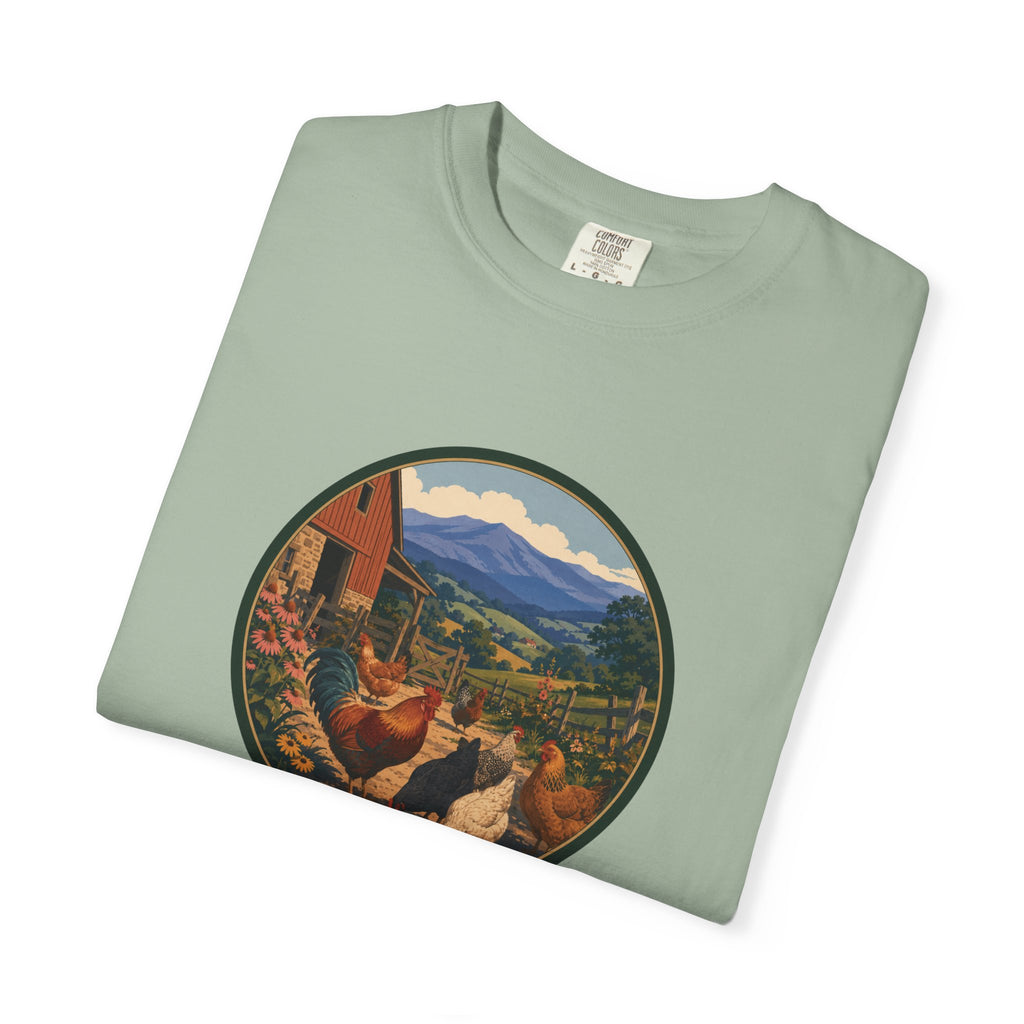 Chicken Farm Vintage Tee — Pastoral Hen Scene T-Shirt