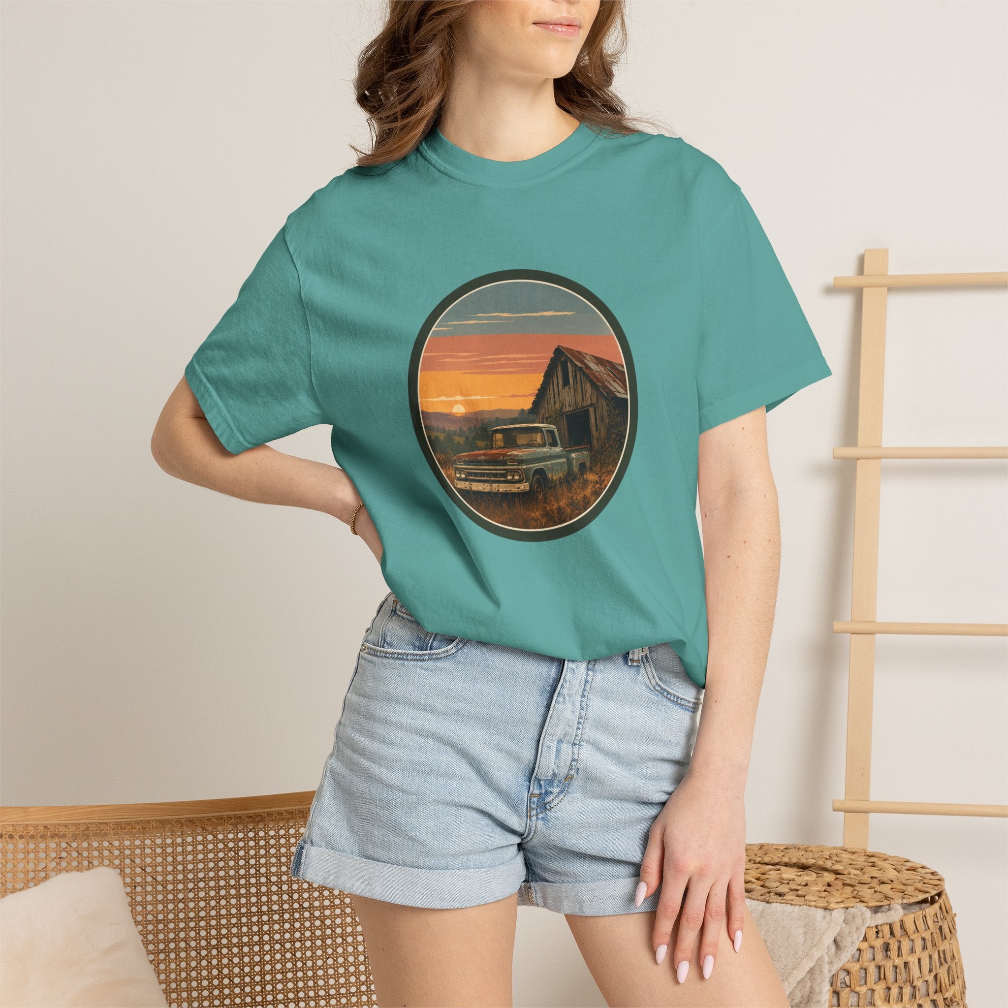 Vintage Sunset Barn T-Shirt — Retro Truck Farm Scene