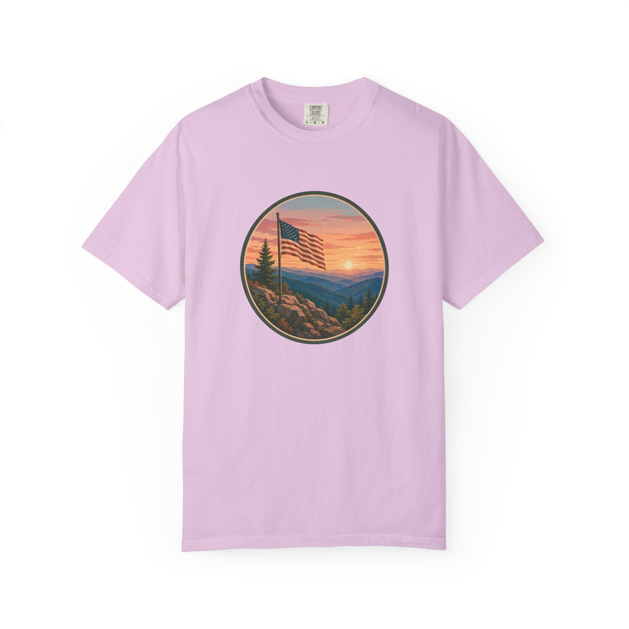 Flag Over Blue Ridge Mountains T-Shirt — Scenic Sunset American Flag Graphic Tee