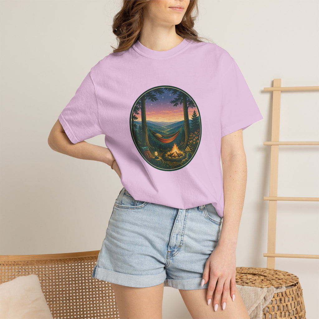 Hammock Camping Sunset T-Shirt — Bonfire Night Outdoor Graphic Tee