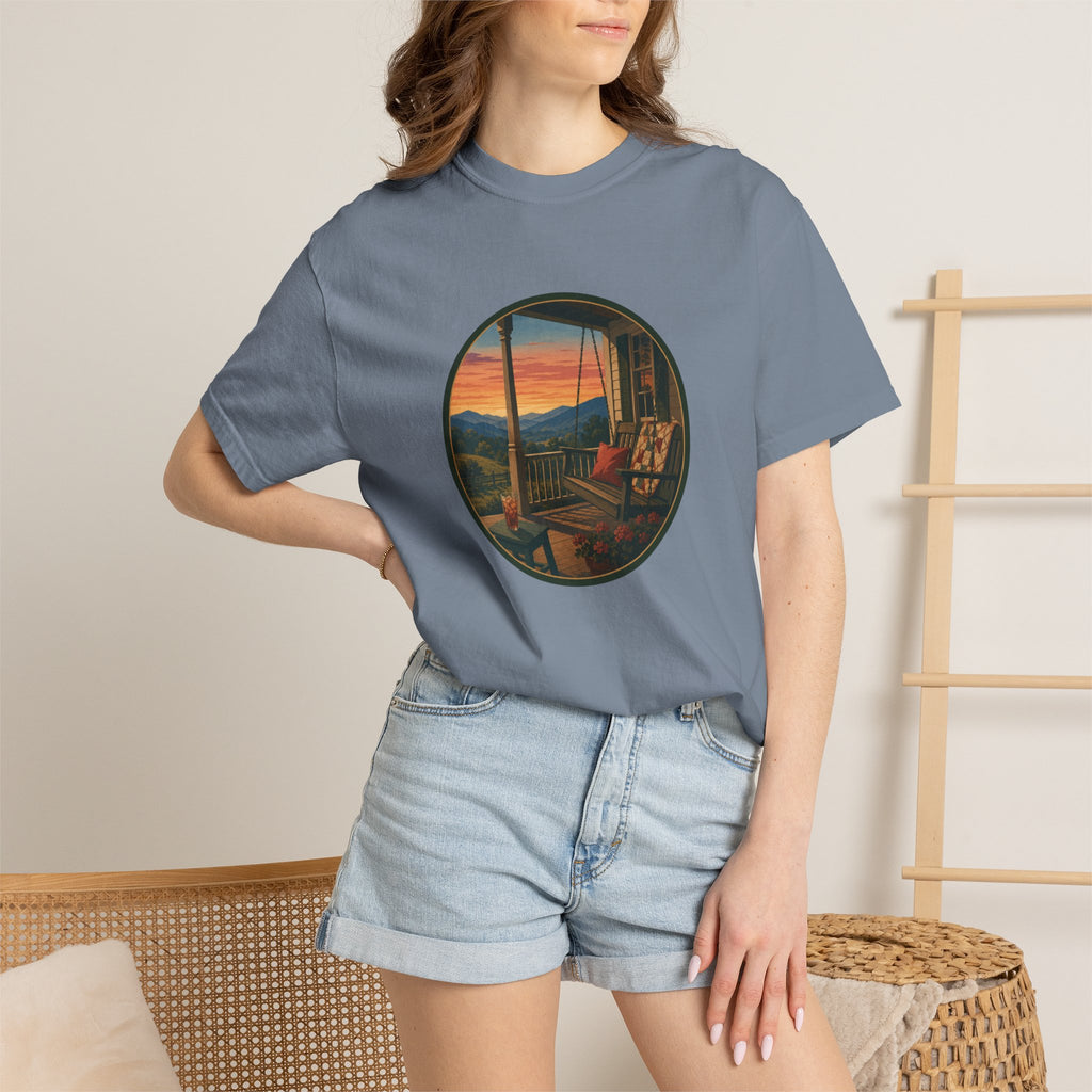 Sunset Porch Circle T-Shirt — Scenic Porch Swing Graphic Tee