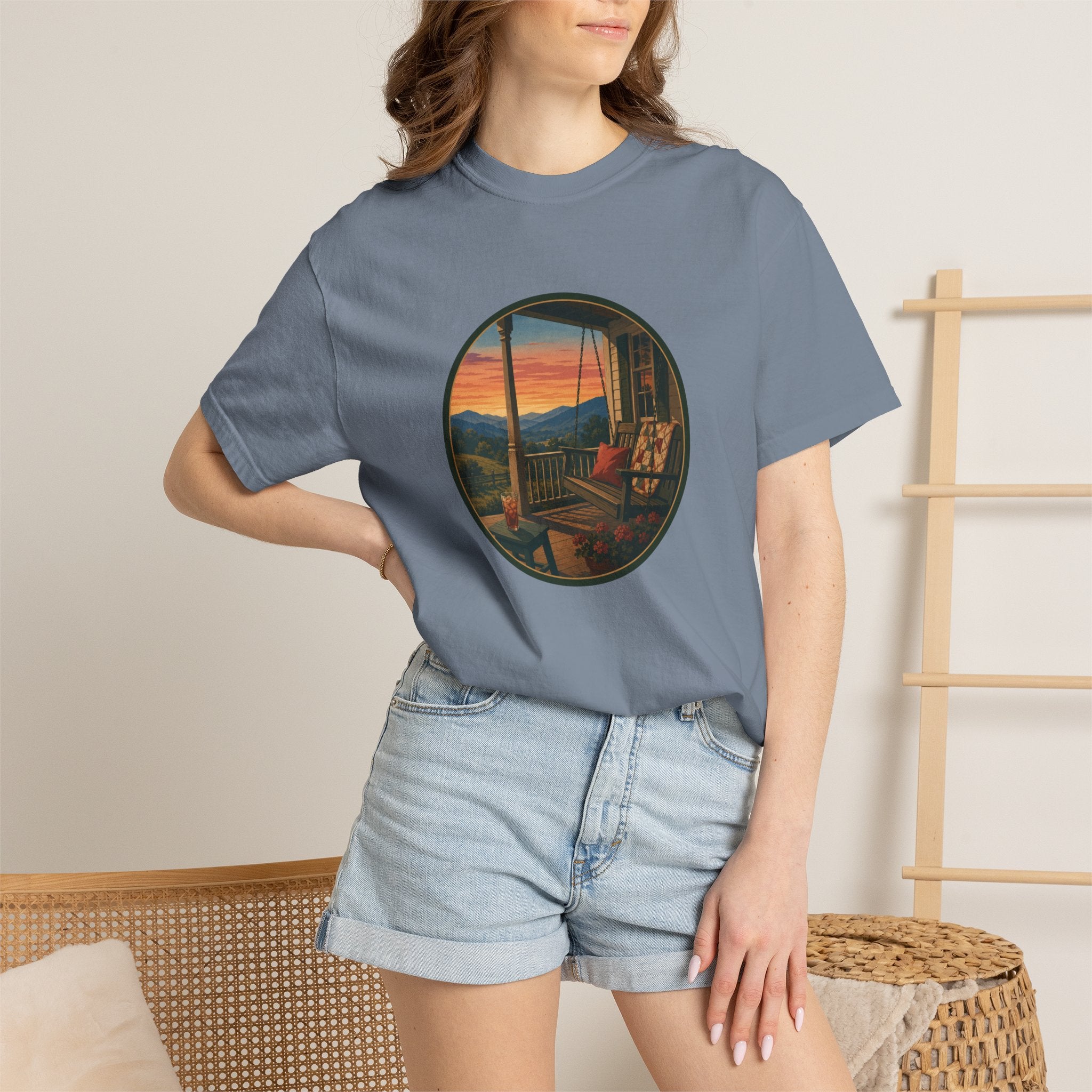 Sunset Porch Circle T-Shirt — Scenic Porch Swing Graphic Tee