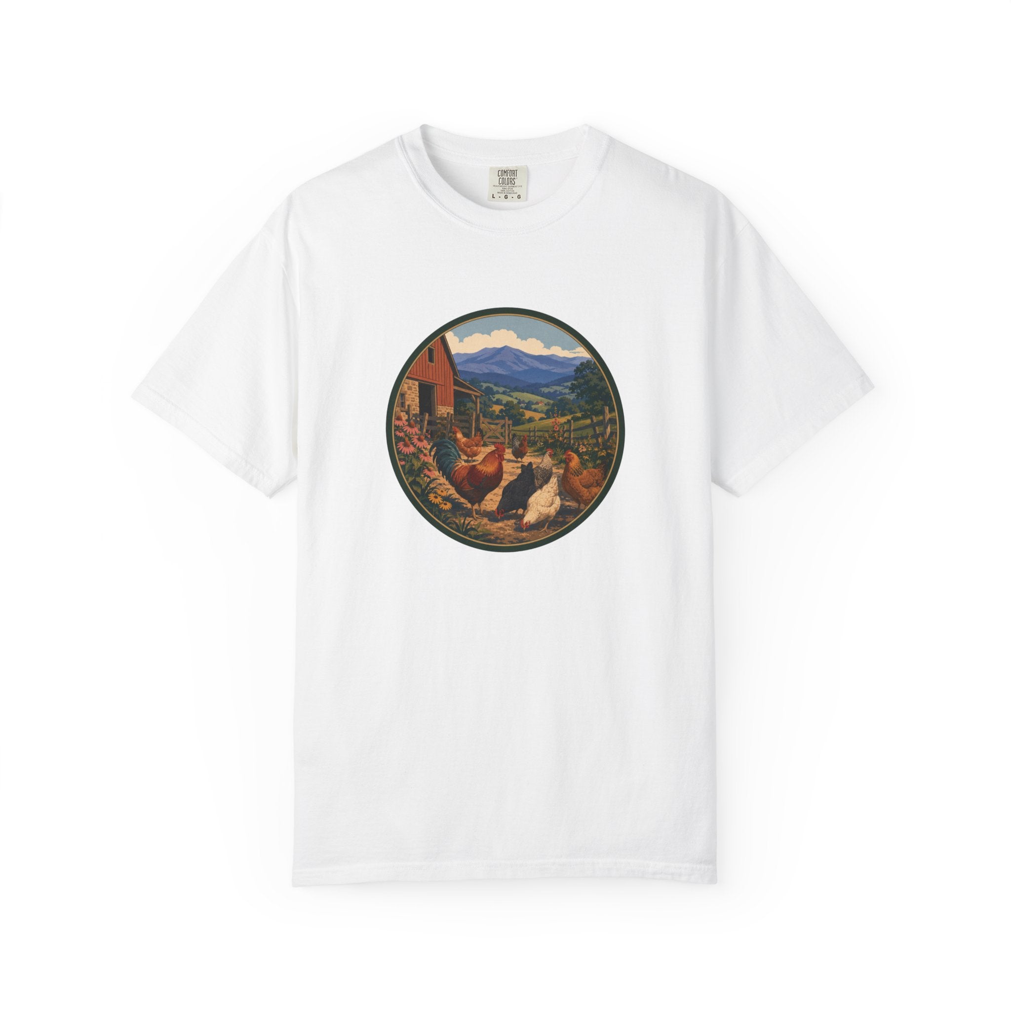 Chicken Farm Vintage Tee — Pastoral Hen Scene T-Shirt