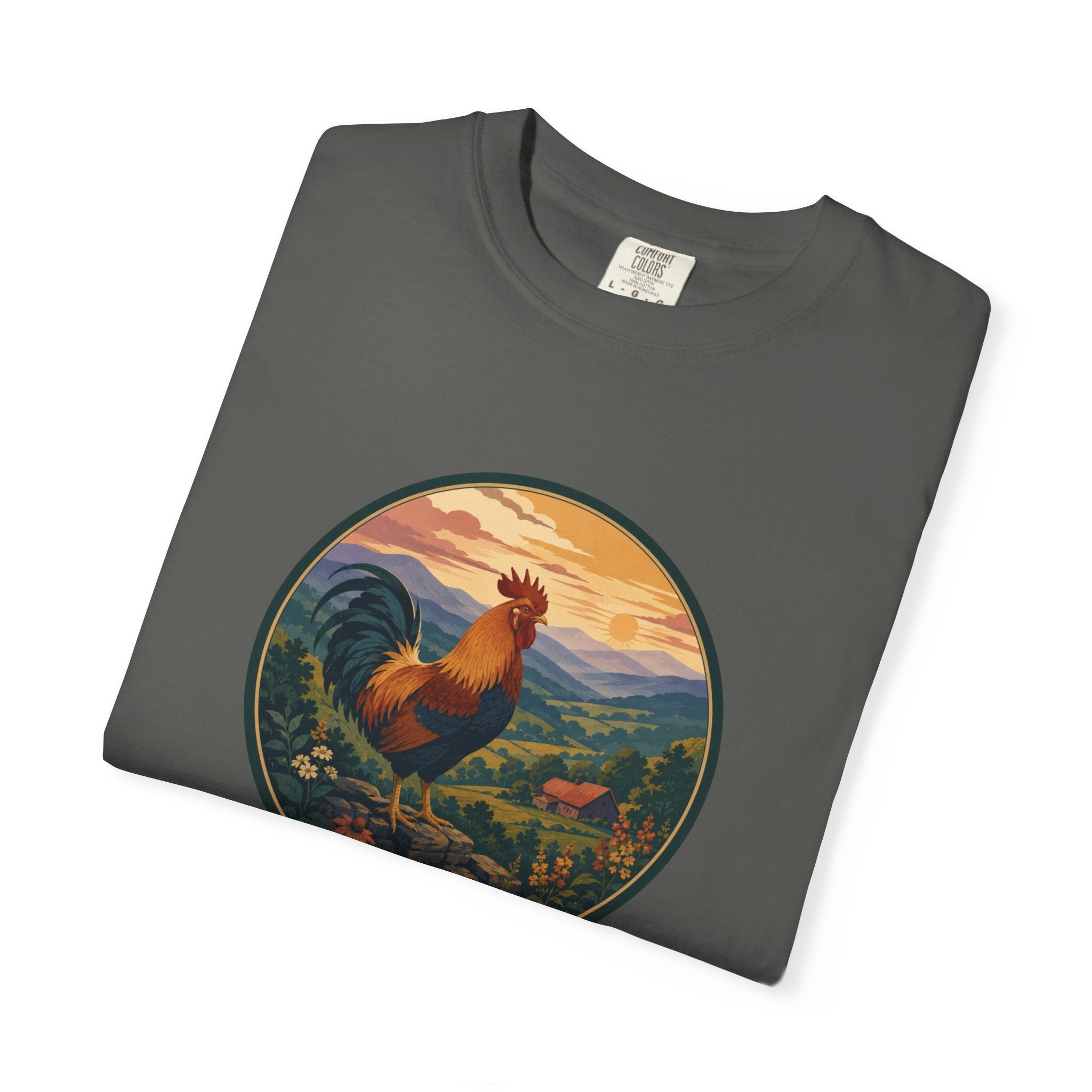 Blue Ridge Rooster Sunrise T-Shirt — Vintage Farm Scene Tee