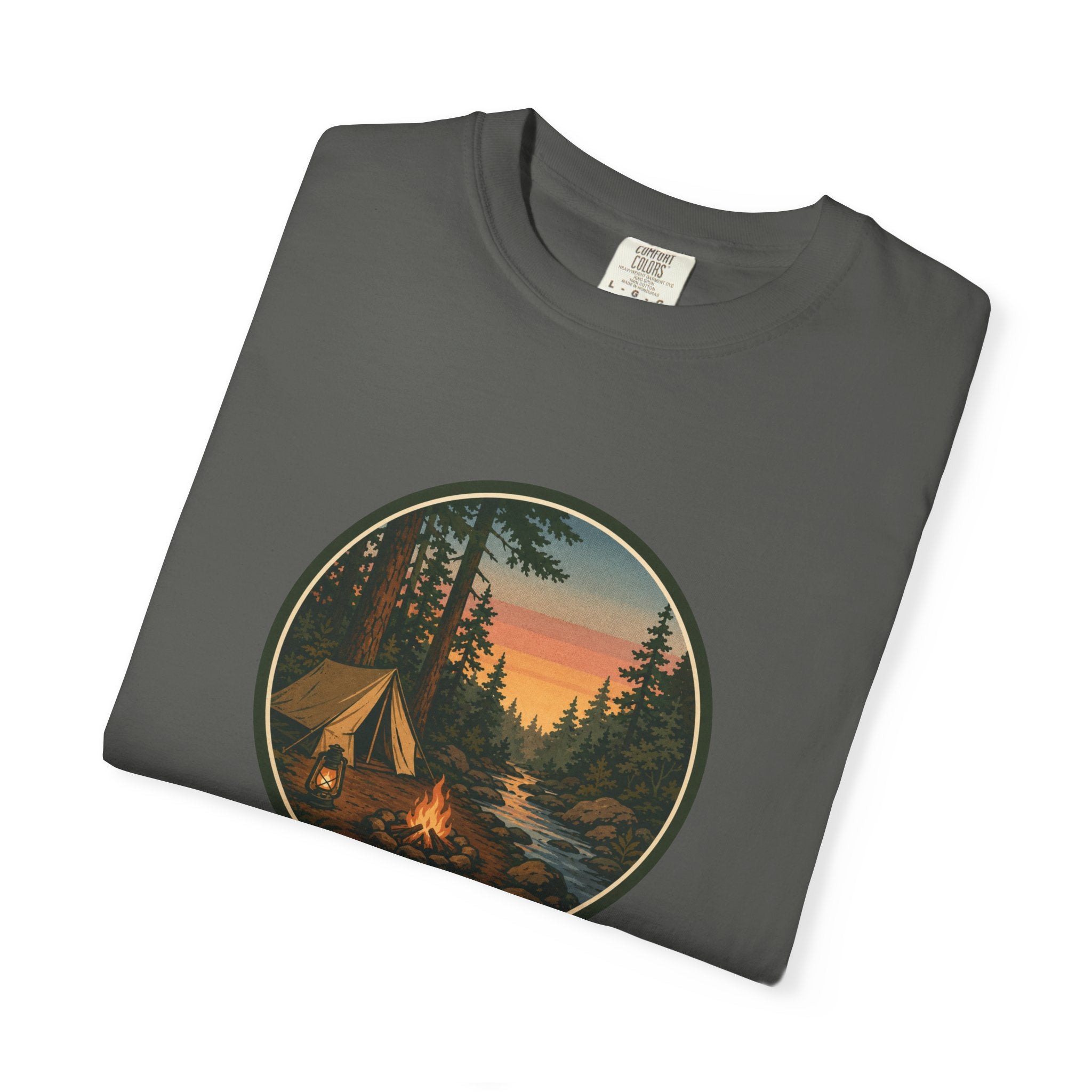 Camping Sunset T-Shirt — Vintage Tent & Campfire Graphic