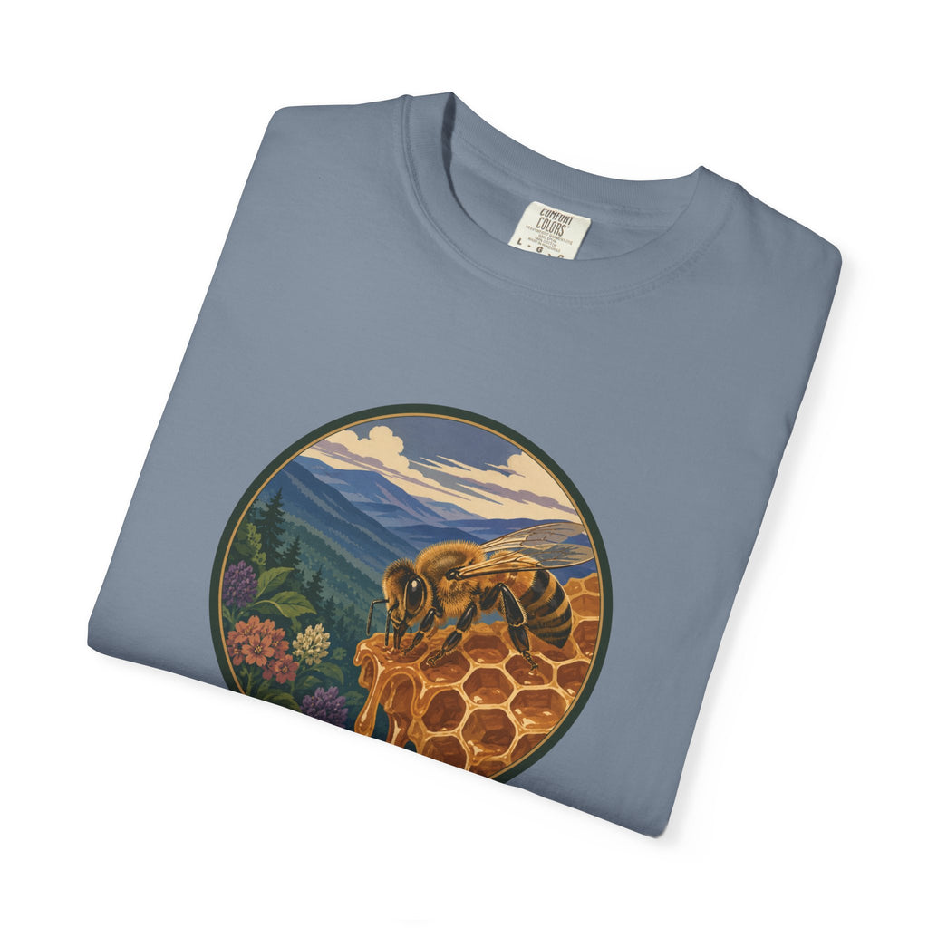 Honey Bee & Mountains Graphic T-Shirt — Honeycomb Nature Illustration