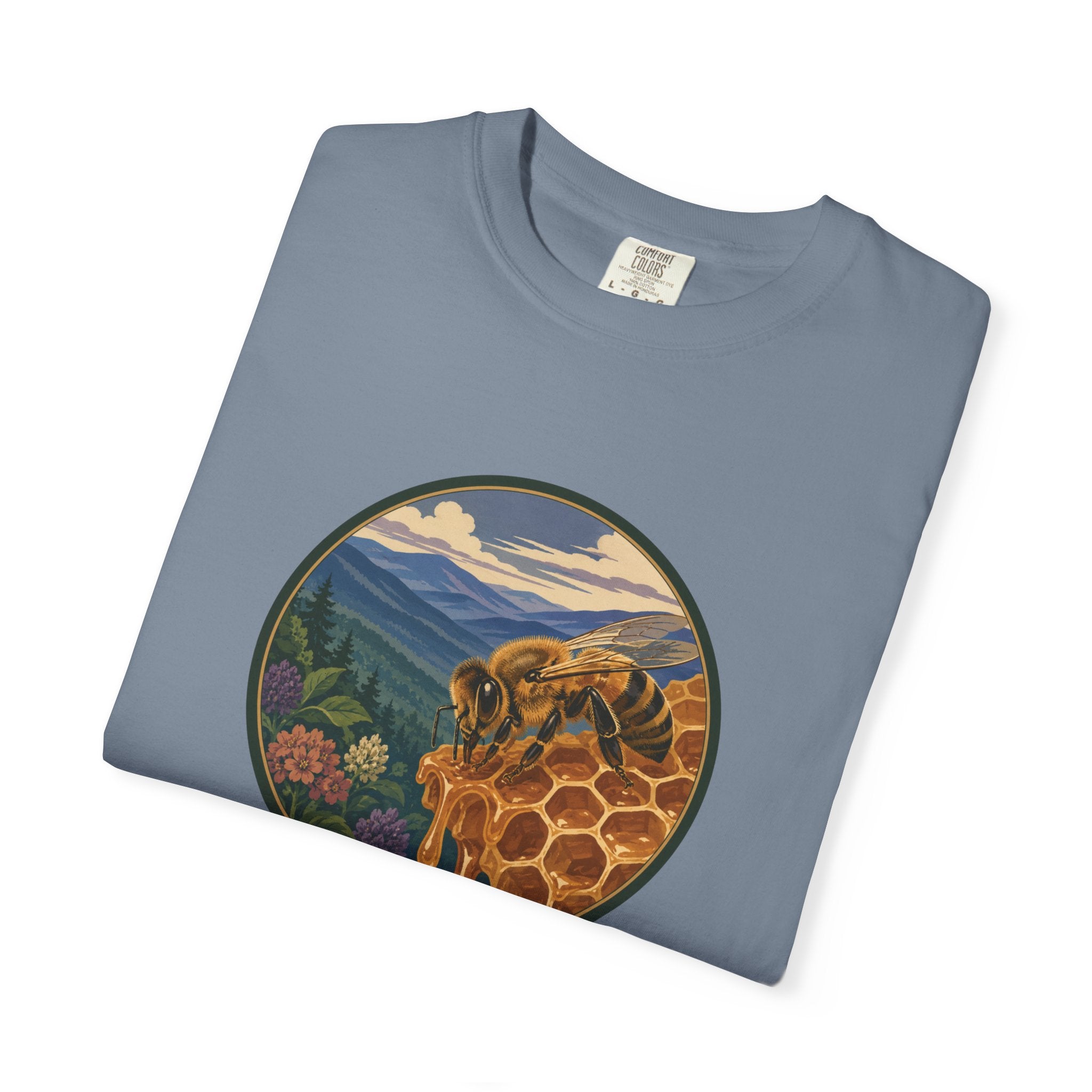 Honey Bee & Mountains Graphic T-Shirt — Honeycomb Nature Illustration
