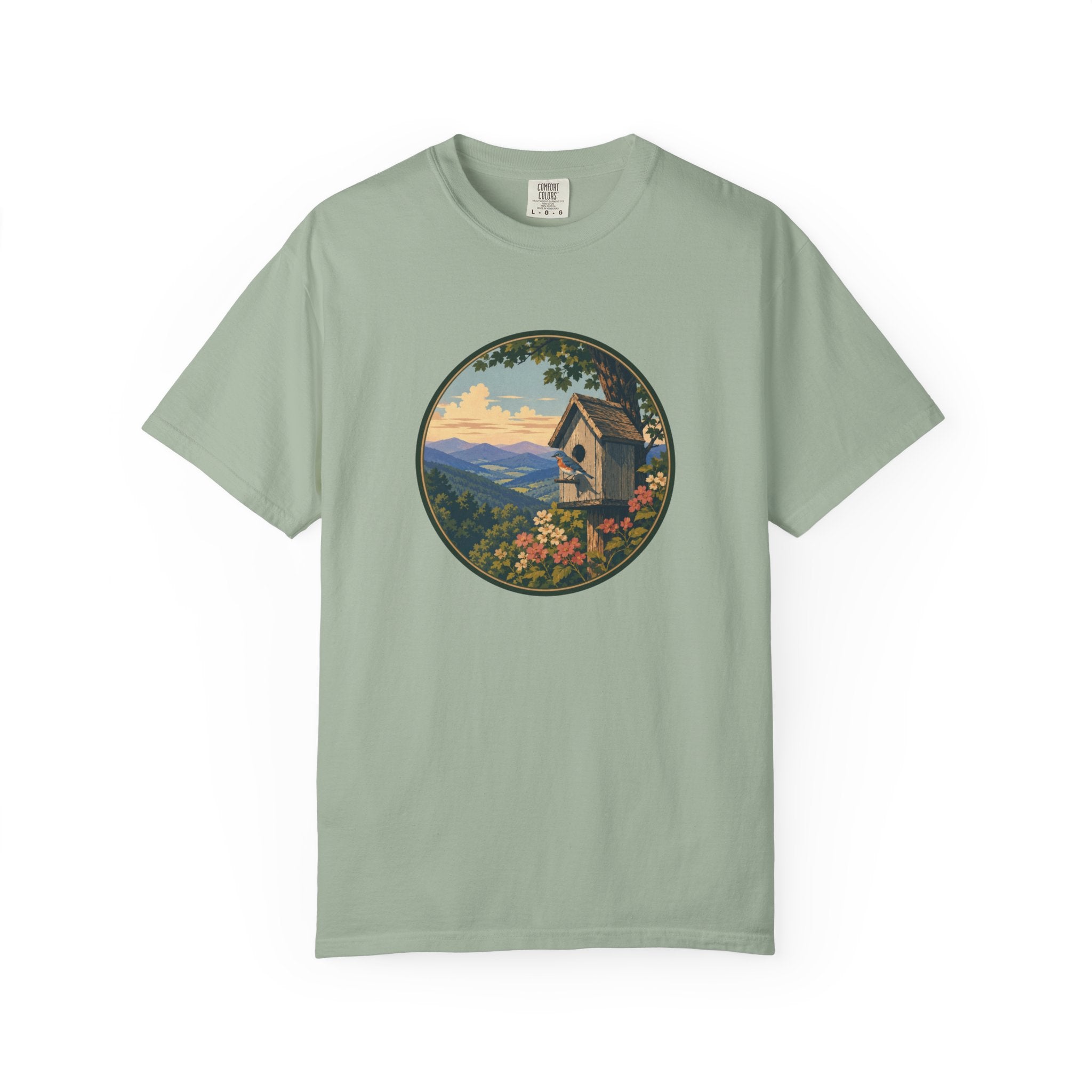 Scenic Birdhouse Tee — Mountain Sunrise Nature T-Shirt