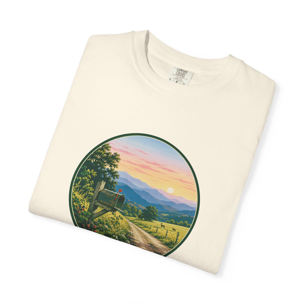 Scenic Backroad Sunset T-Shirt — Vintage Mailbox Circle Landscape Tee
