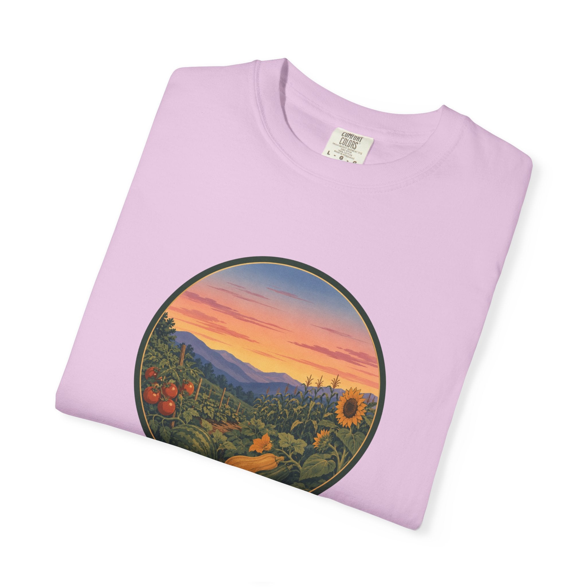 Sunset Mountain Garden T-Shirt — Scenic Fresh Vegetables Landscape Tee
