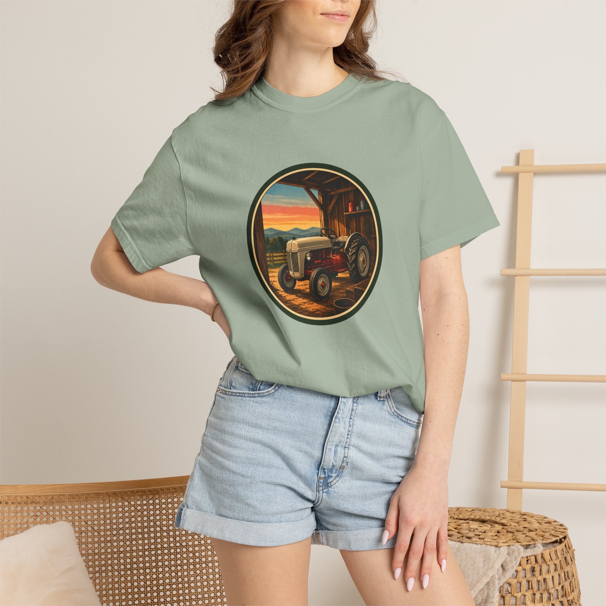 Vintage Tractor Circle T-Shirt — Rustic Farmstead Sunset Tee