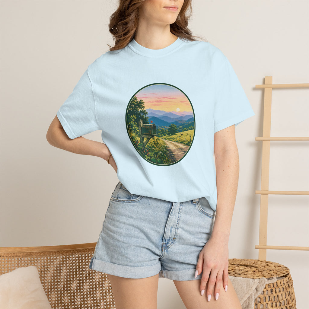 Scenic Backroad Sunset T-Shirt — Vintage Mailbox Circle Landscape Tee