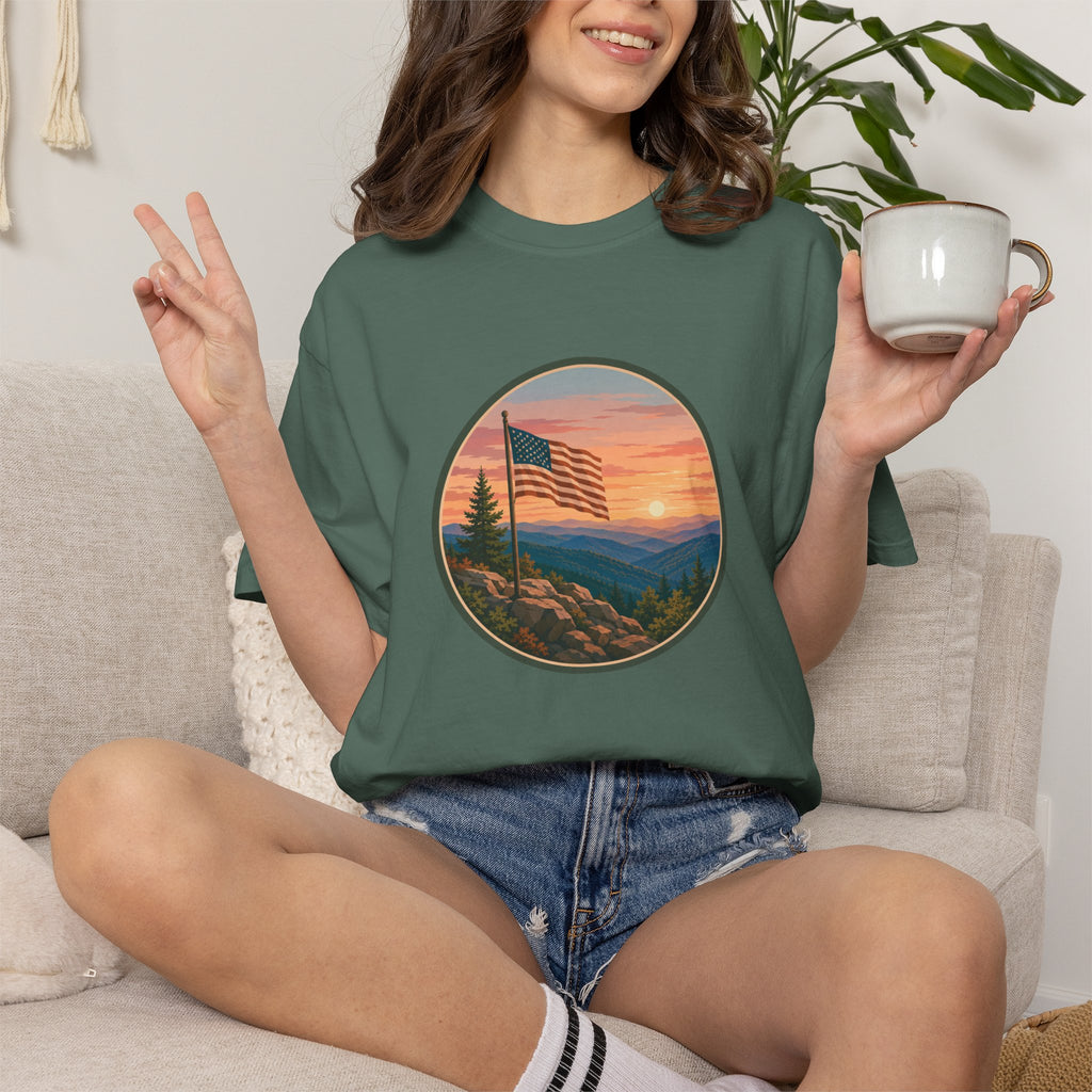 Flag Over Blue Ridge Mountains T-Shirt — Scenic Sunset American Flag Graphic Tee