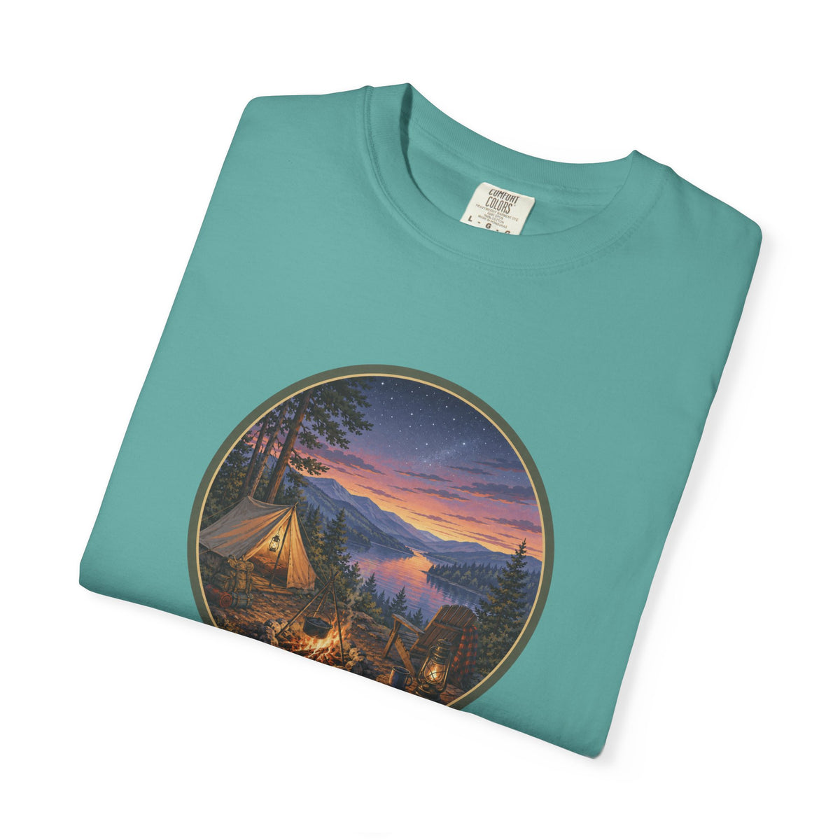 Camping Sunset T-Shirt — Riverside Campfire Night Scene