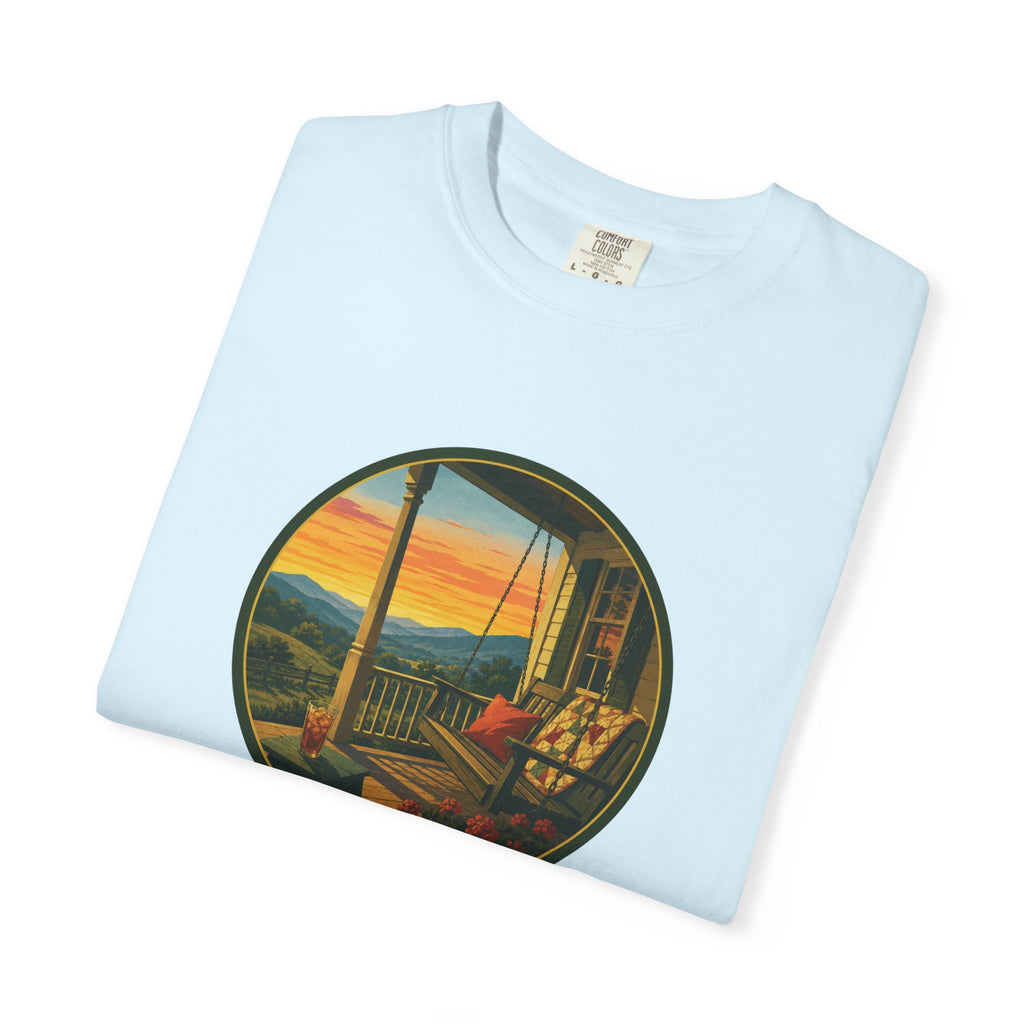 Sunset Porch Circle T-Shirt — Scenic Porch Swing Graphic Tee