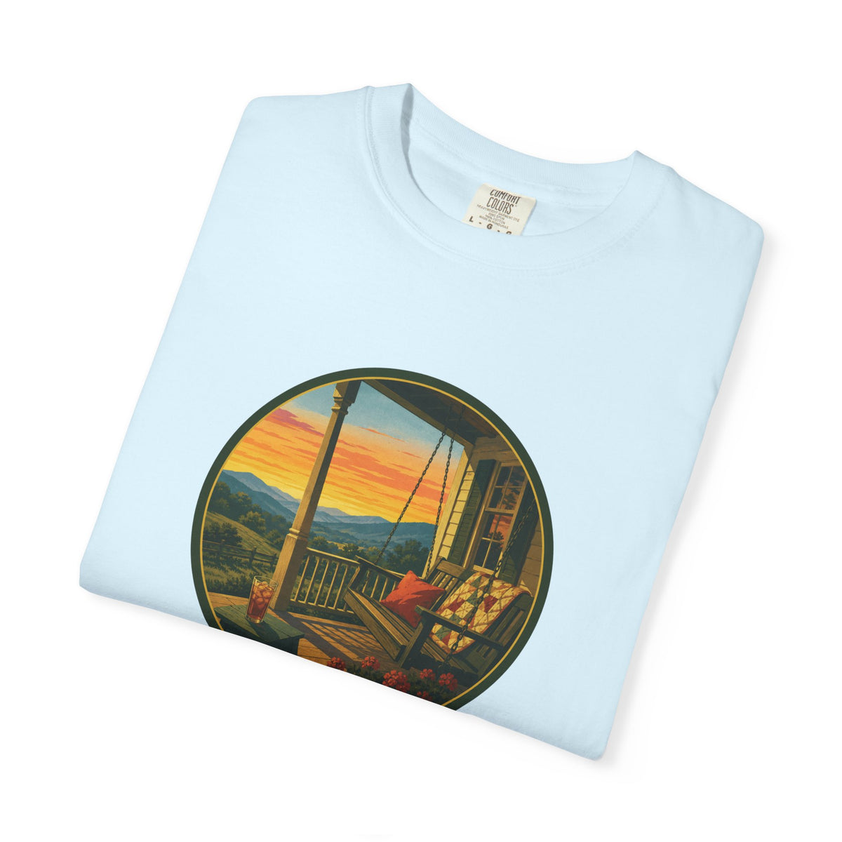 Sunset Porch Circle T-Shirt — Scenic Porch Swing Graphic Tee