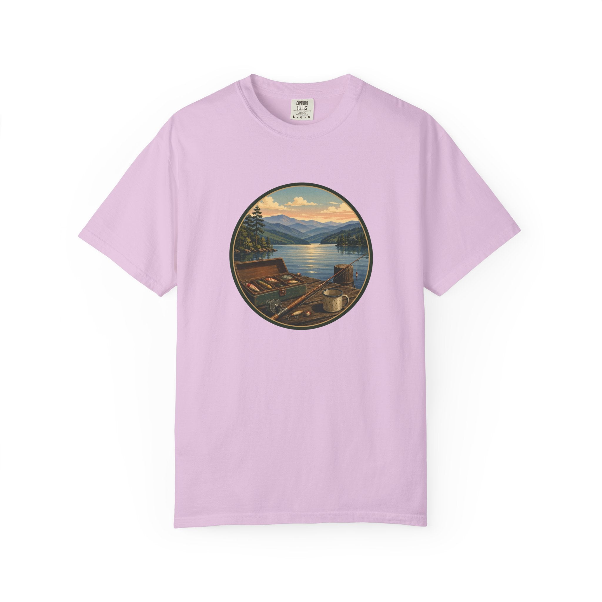 Vintage Fishing Tackle T-Shirt — Mountain View Dock Scene Tee