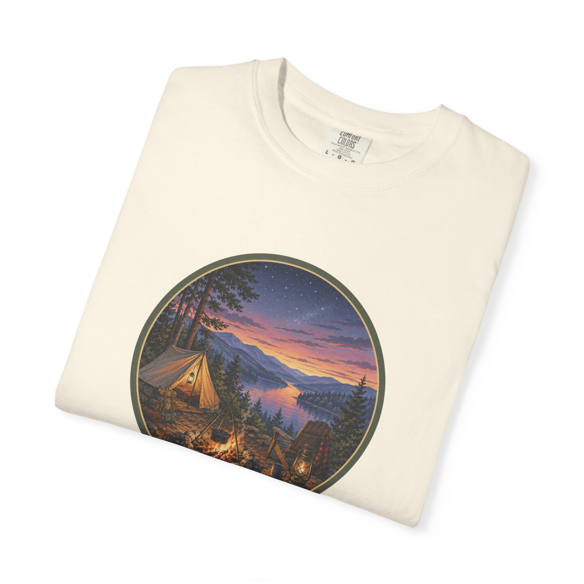 Camping Sunset T-Shirt — Riverside Campfire Night Scene