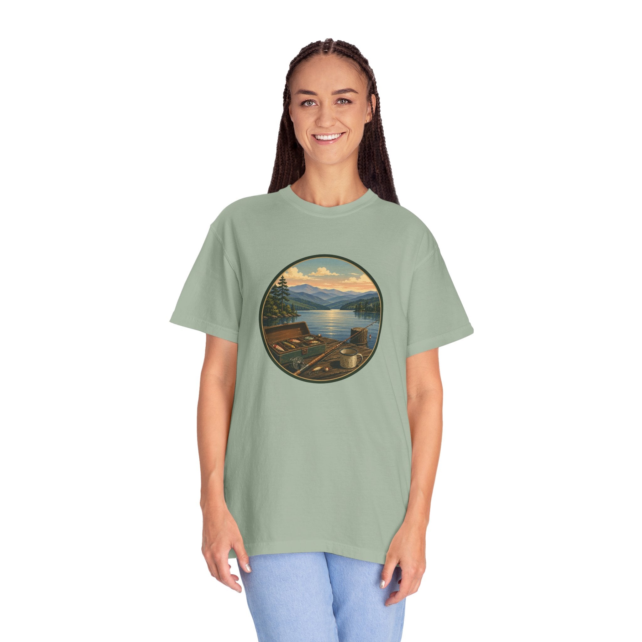 Vintage Fishing Tackle T-Shirt — Mountain View Dock Scene Tee
