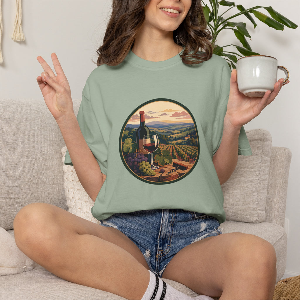 Wine Country Scenic T-Shirt – Vineyard Bottle & Sunset Graphic