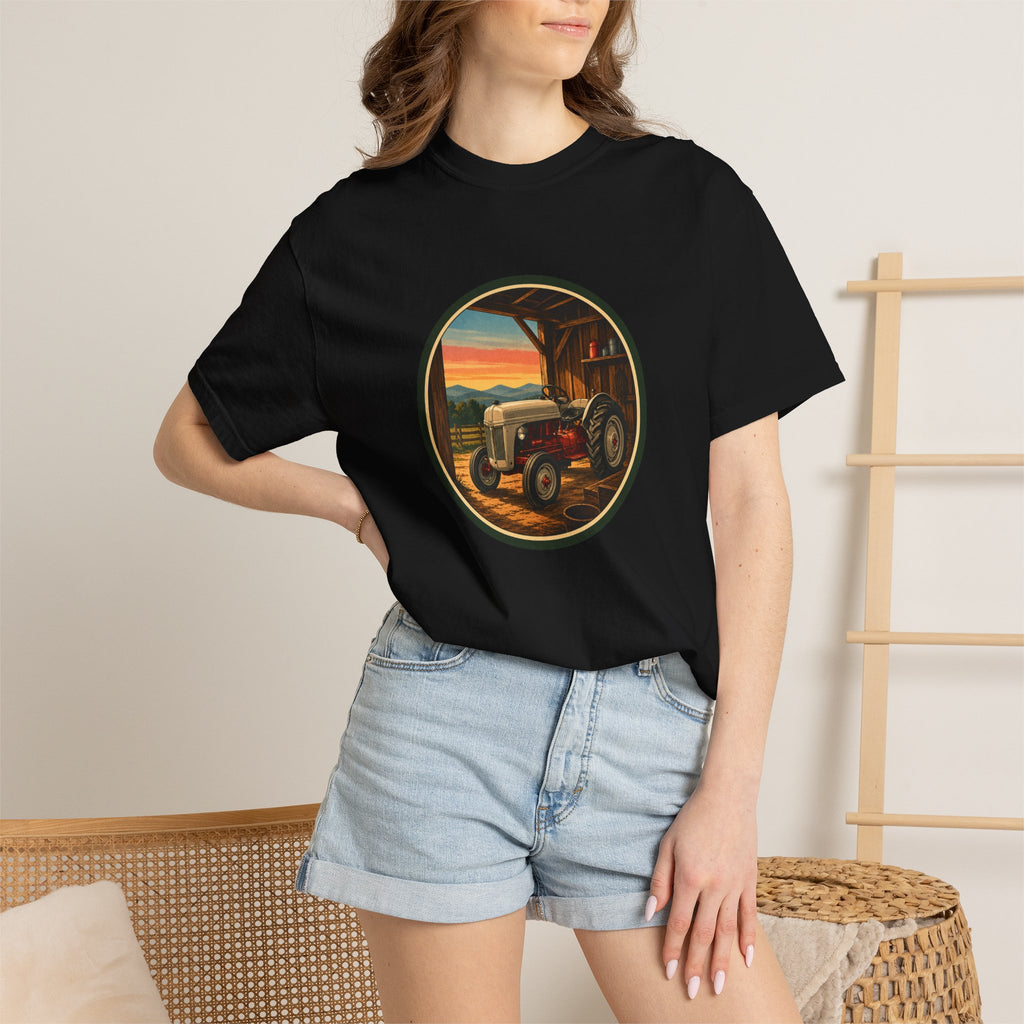 Vintage Tractor Circle T-Shirt — Rustic Farmstead Sunset Tee