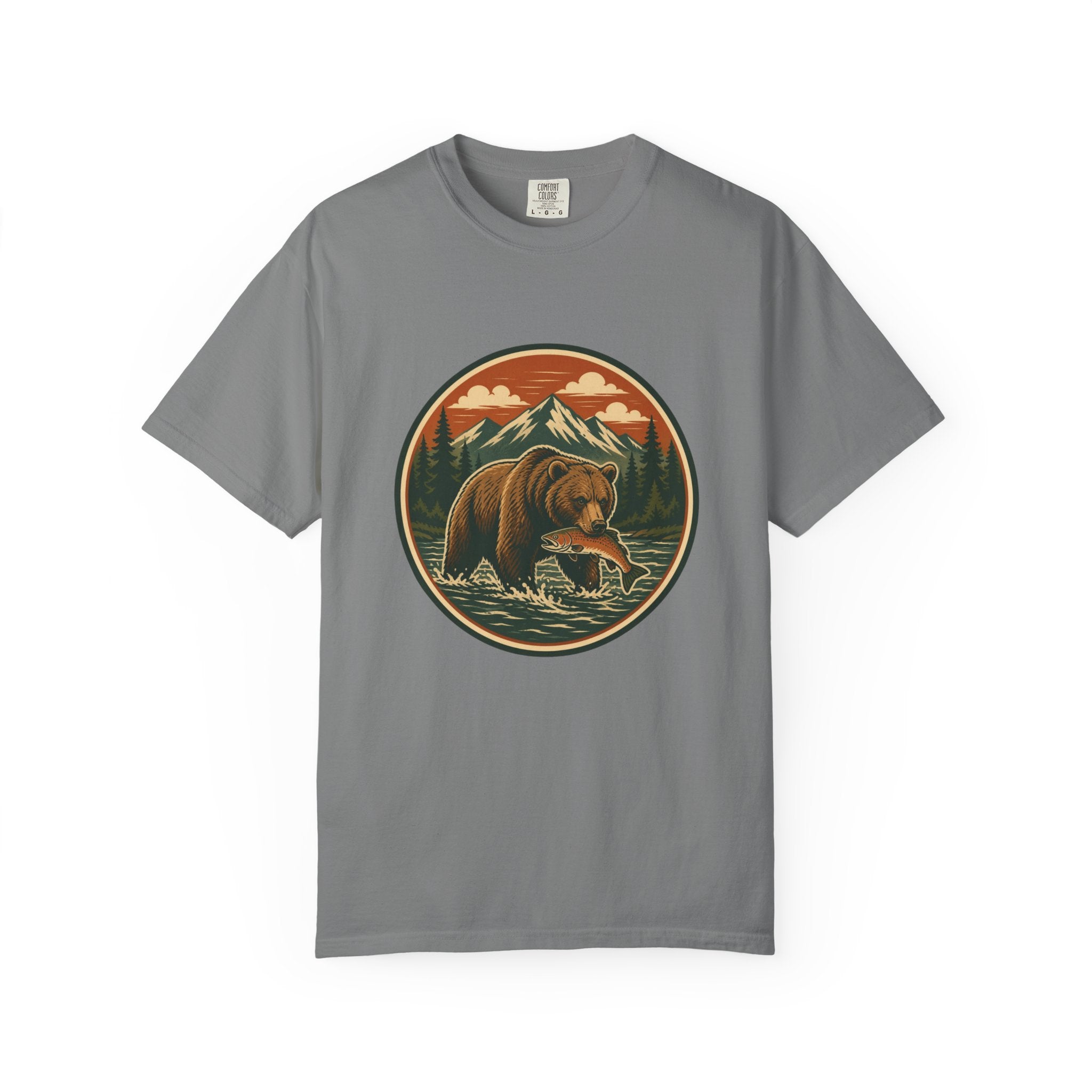Bear Fishing Mountain T-Shirt — Retro Wilderness Outdoor Graphic Tee