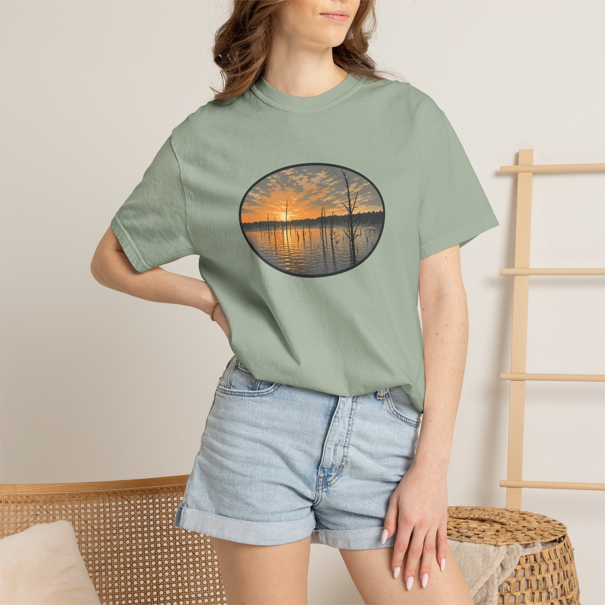 Sunrise Wooded Lake Oval T-Shirt