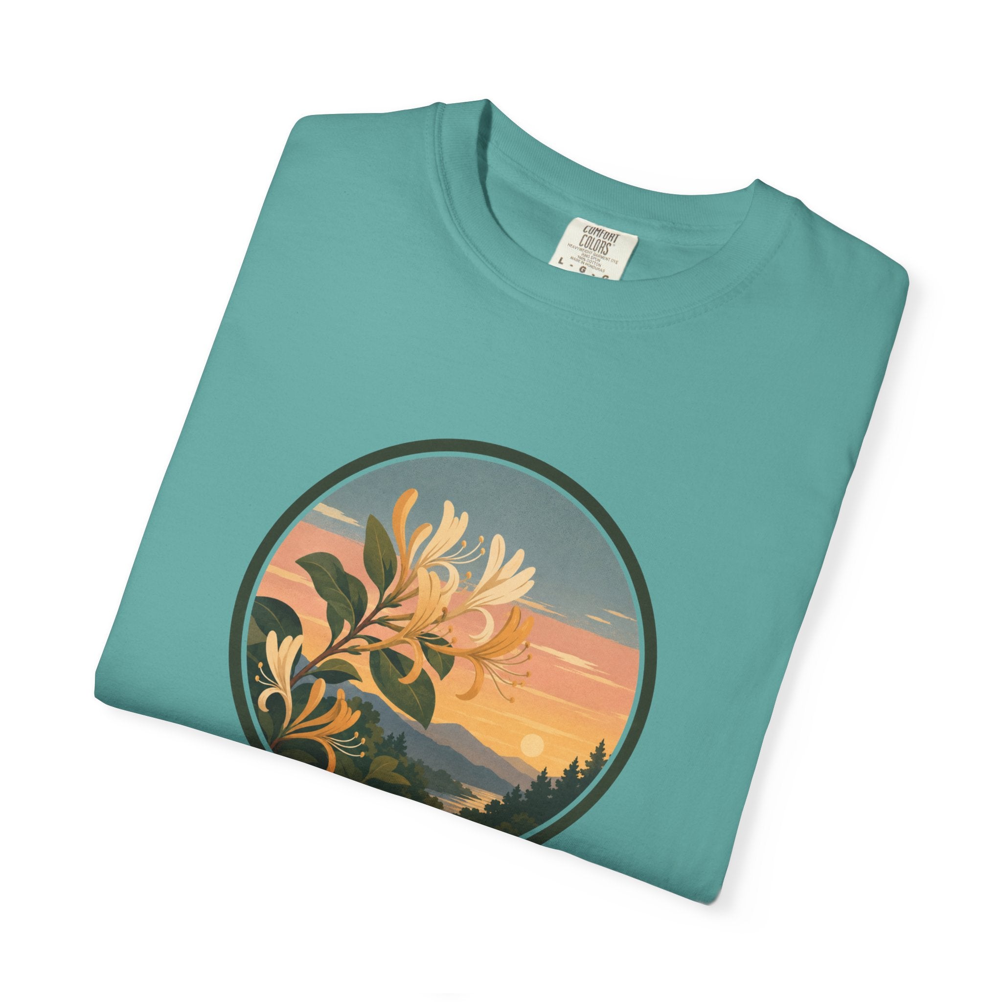Sunset Honeysuckle T-Shirt — Floral Sunset Circle Graphic Tee
