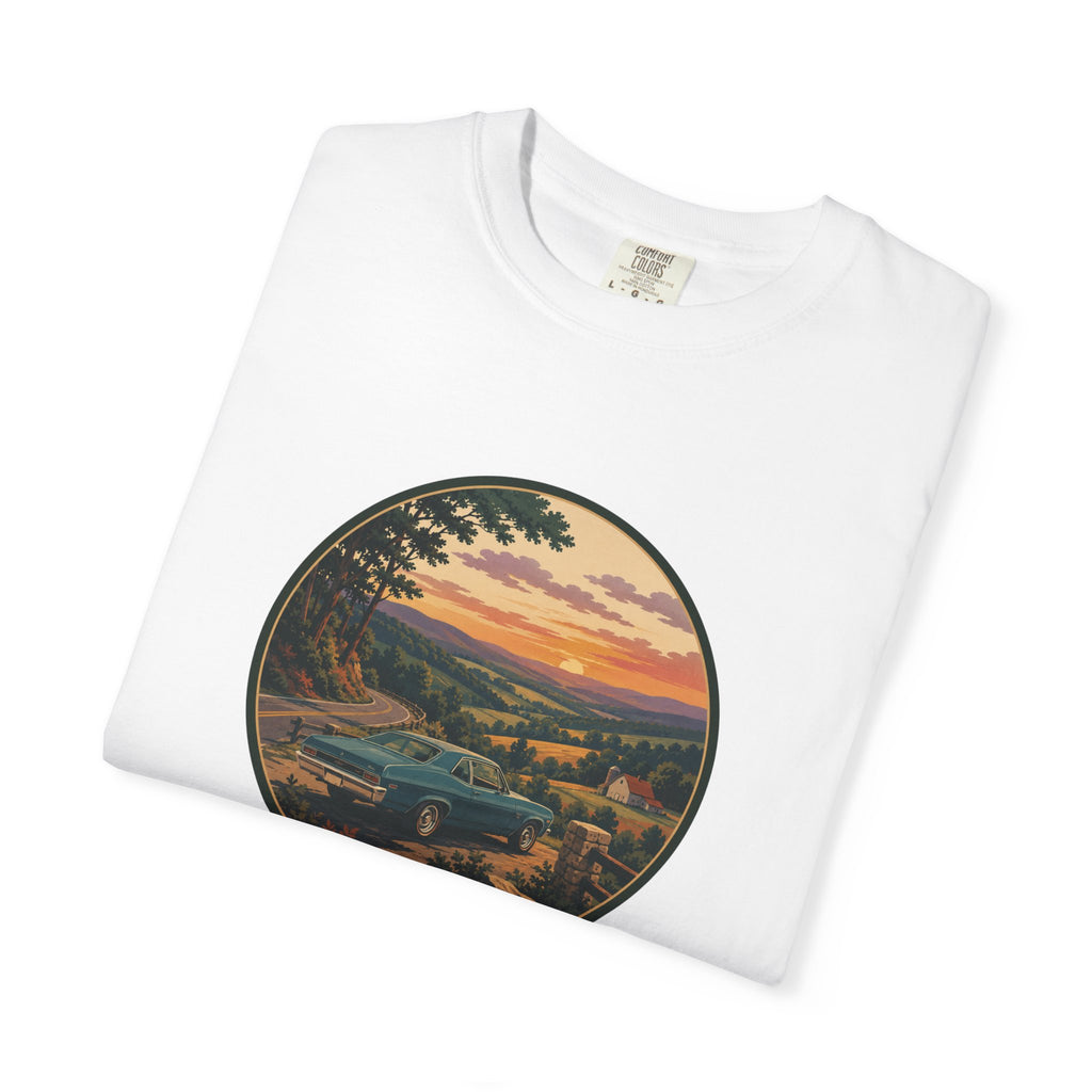 Sunset Valley Classic Car Landscape T-Shirt