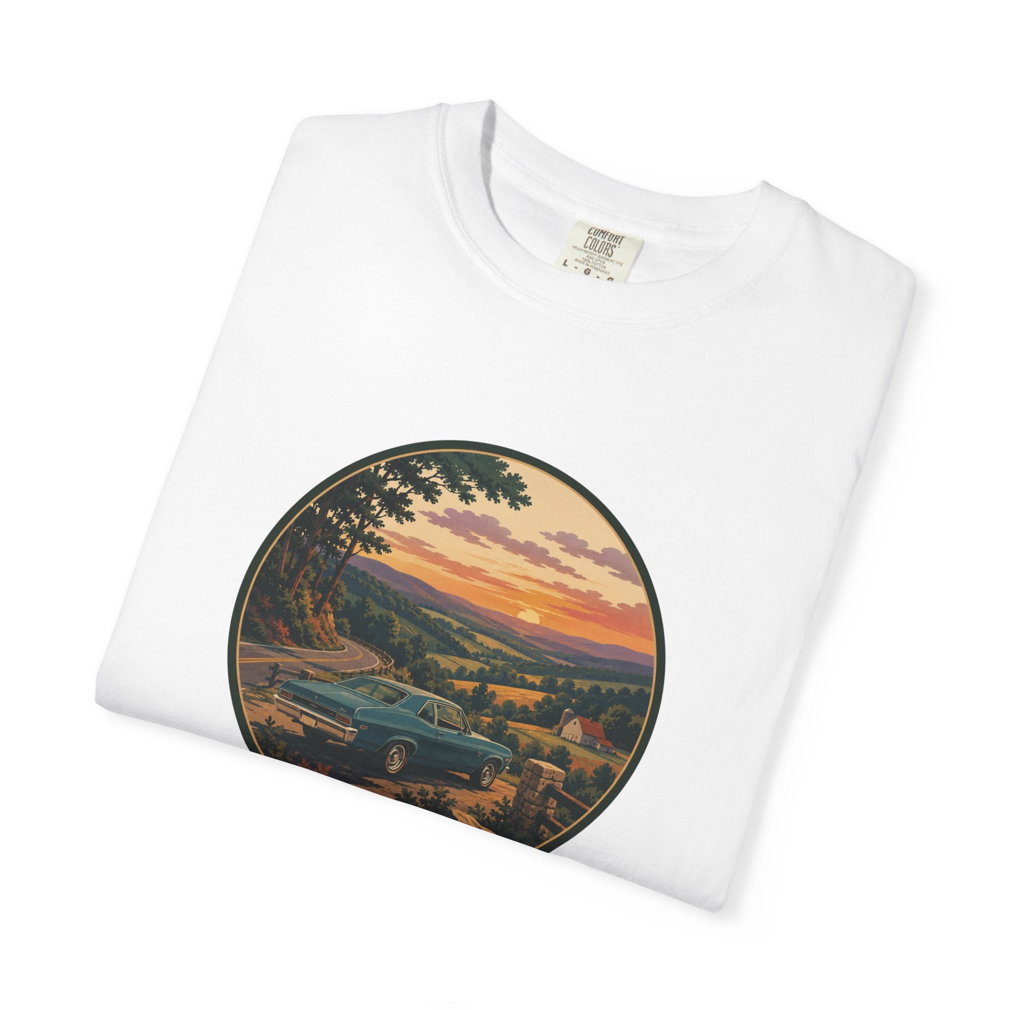 Sunset Valley Classic Car Landscape T-Shirt