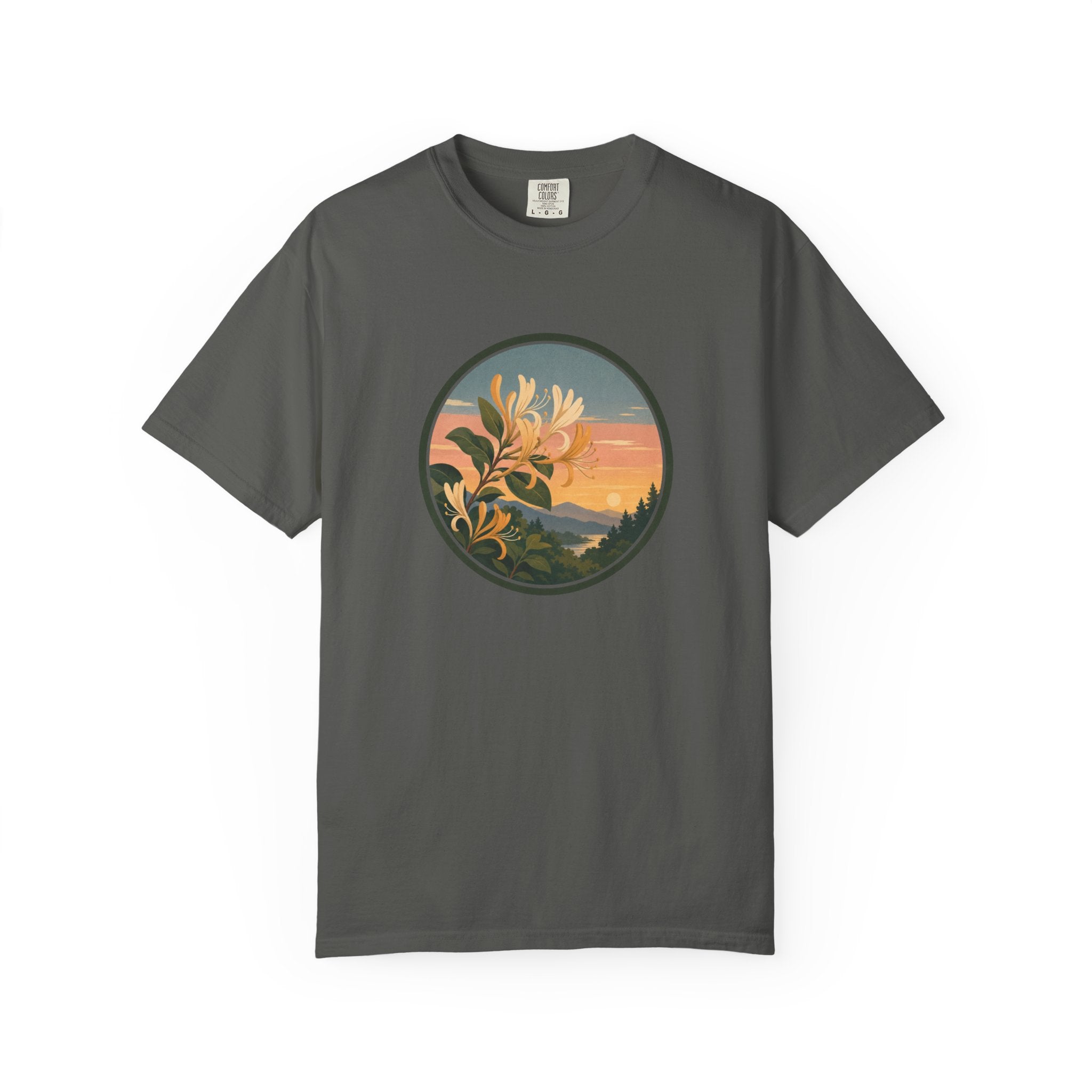 Sunset Honeysuckle T-Shirt — Floral Sunset Circle Graphic Tee